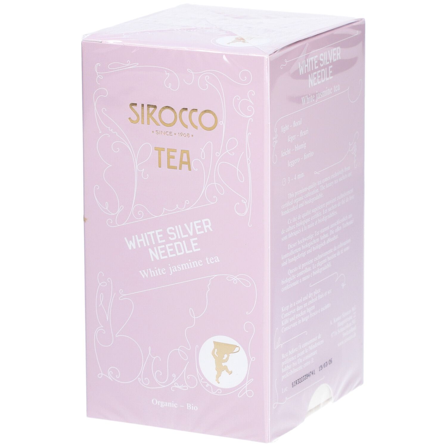 Rosa Kartonverpackung mit SIROCCO TEA-Logo, White Silver Needle-Text und einem Logo. Verpackt in Folie.