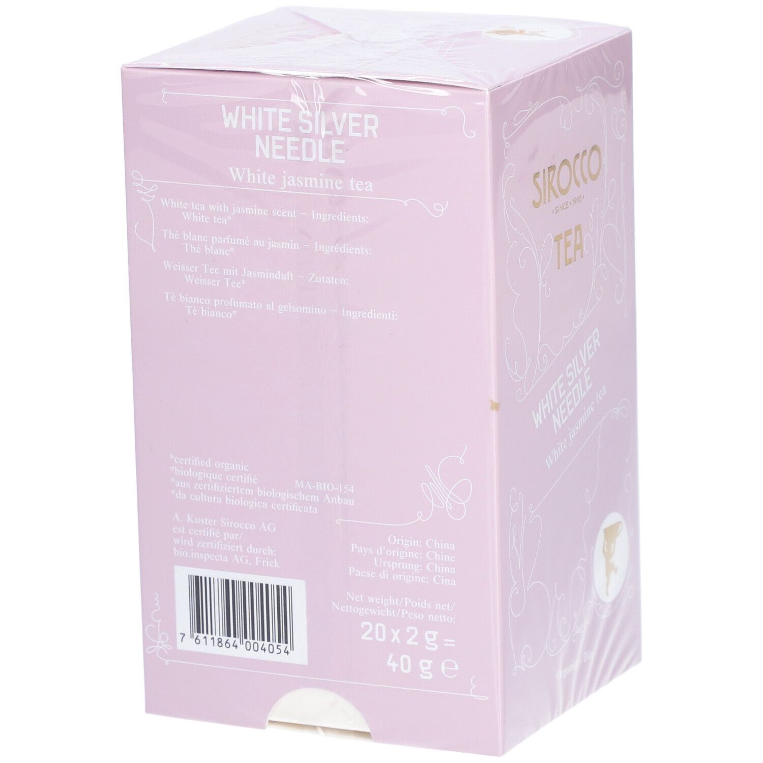 Rückseite der rosa Kartonverpackung mit Text, Barcode und Logo. Enthält 20 Teebeutel.