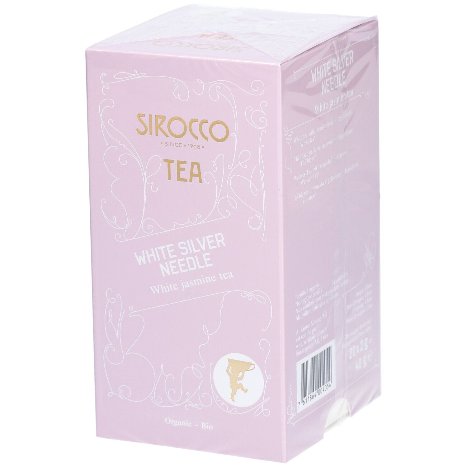 Rosa Kartonverpackung mit SIROCCO TEA-Logo, White Silver Needle-Text und Logo. Verpackt in Folie.
