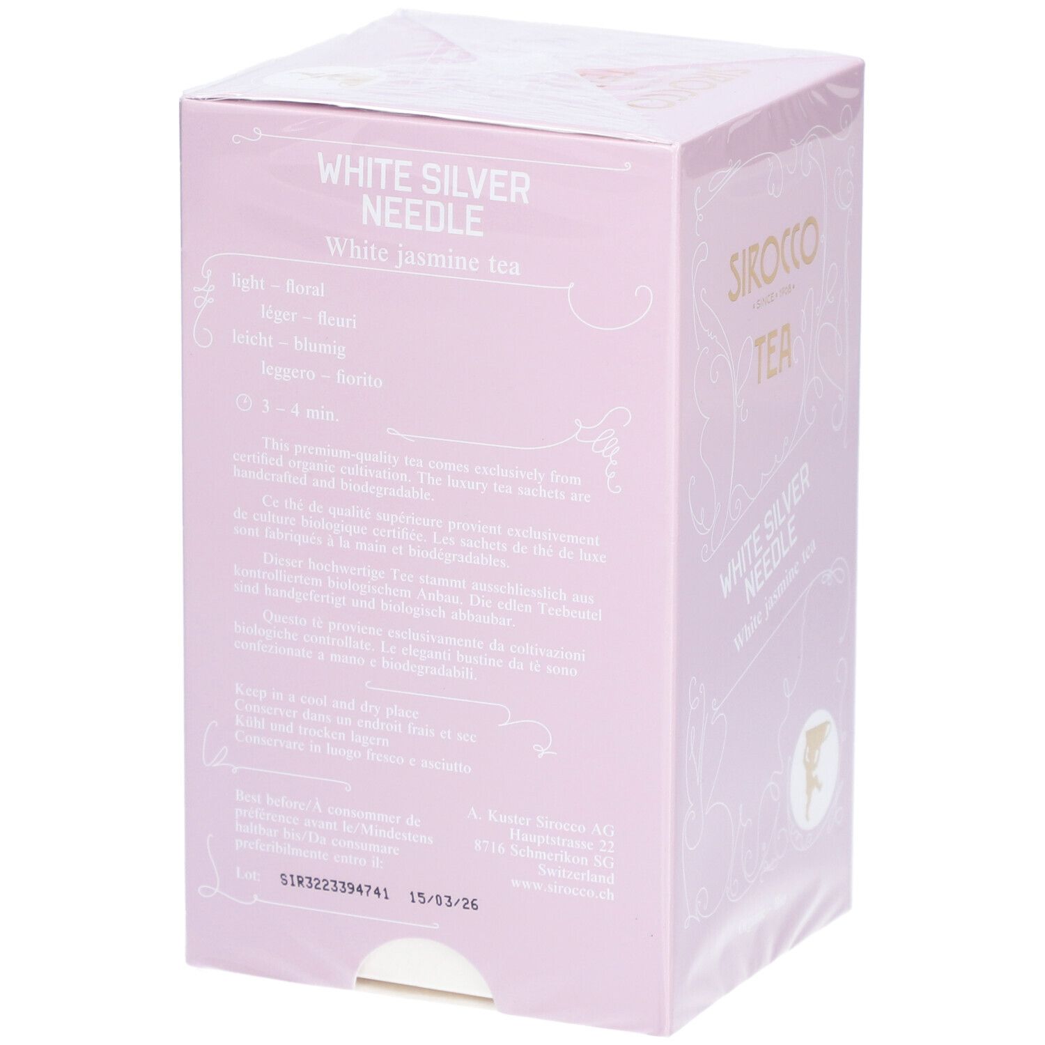 Rückseite der rosa Kartonverpackung mit Text, Barcode und Logo. Enthält 20 Teebeutel.
