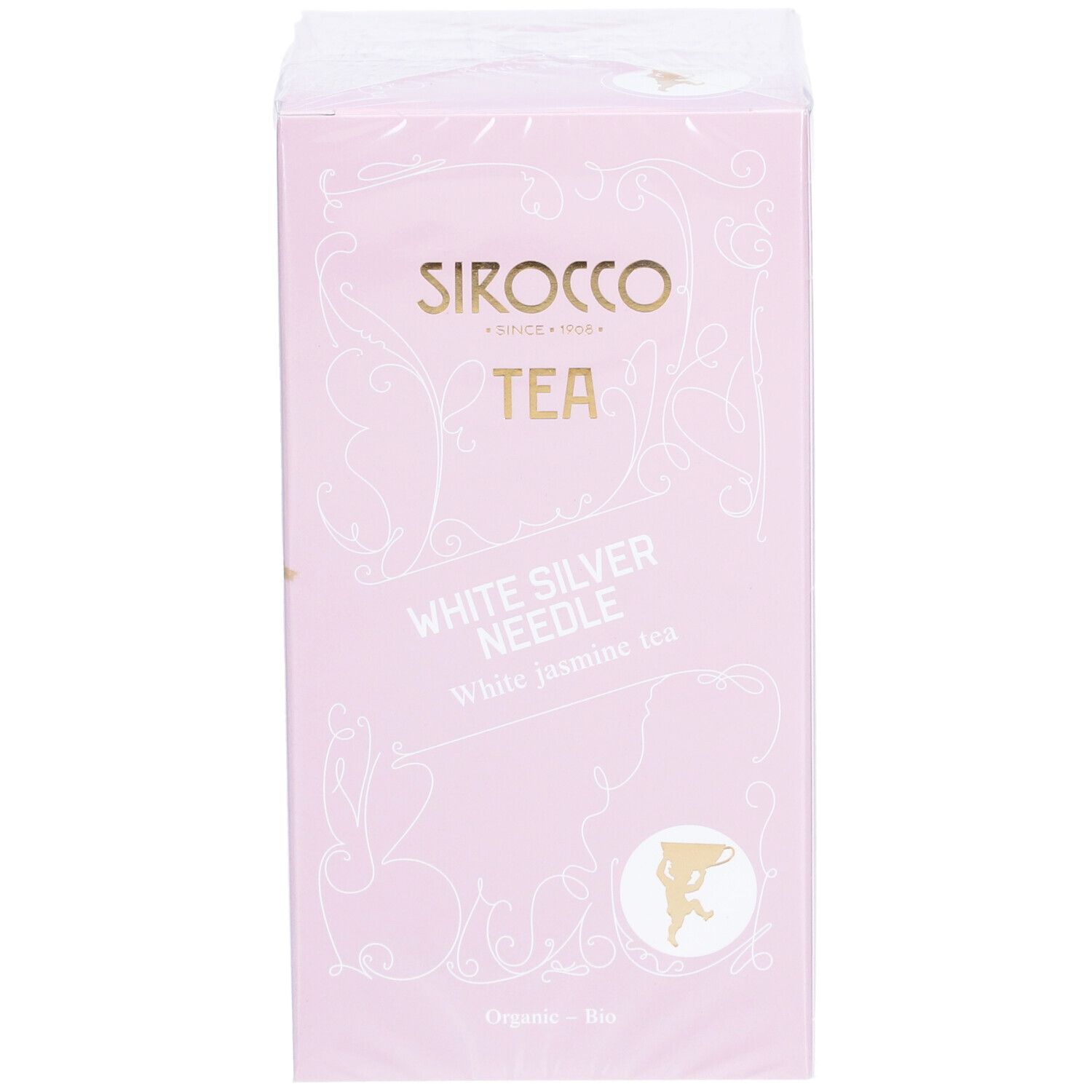 Rosa Kartonverpackung mit SIROCCO TEA-Logo, White Silver Needle-Text und Logo. Verpackt in Folie.
