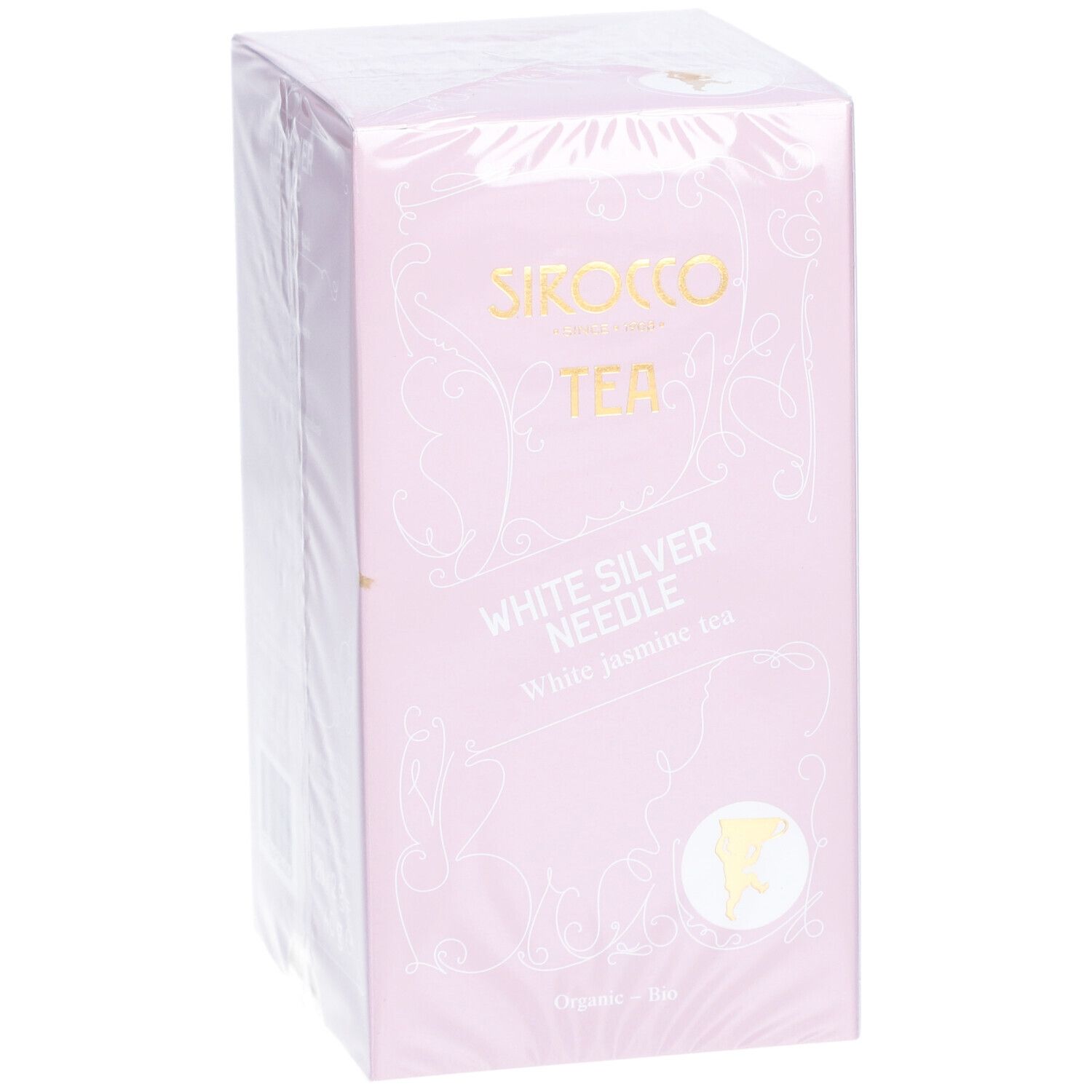 Rosa Kartonverpackung mit SIROCCO TEA-Logo, White Silver Needle-Text und Logo. Verpackt in Folie.
