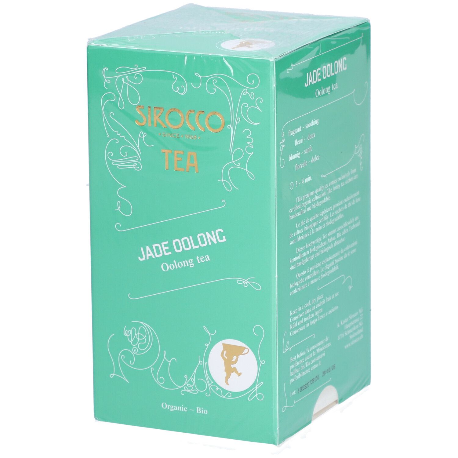Türkisgrüne Verpackung mit SIROCCO TEA, JADE OOLONG, Oolong Tee. Bio-Siegel. Verpackt in Folie.