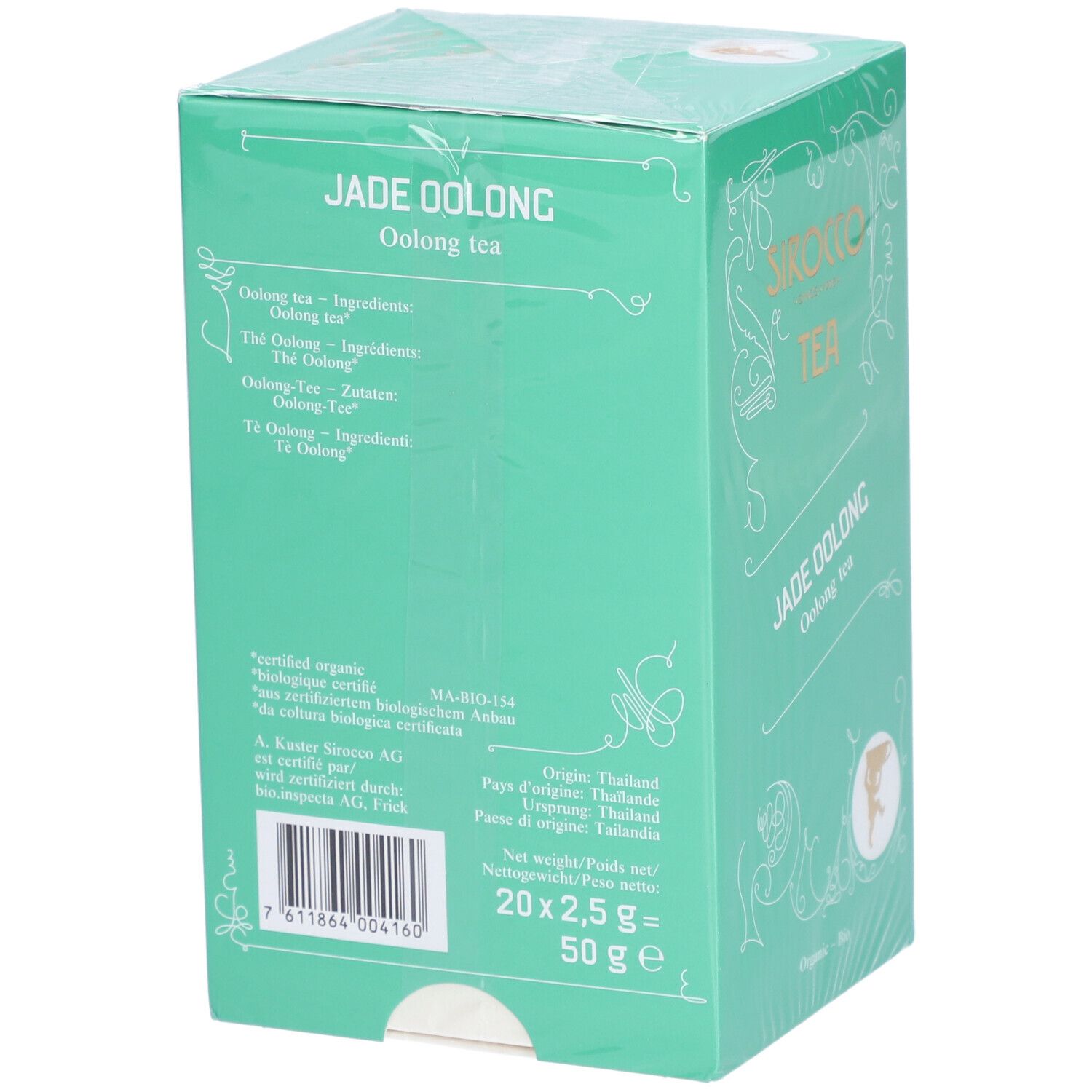 Rückseite der türkisen Verpackung mit SIROCCO TEA, JADE OOLONG. Angaben zu Inhaltsstoffen, Herkunft, Gewicht: 20x2,5g = 50g.