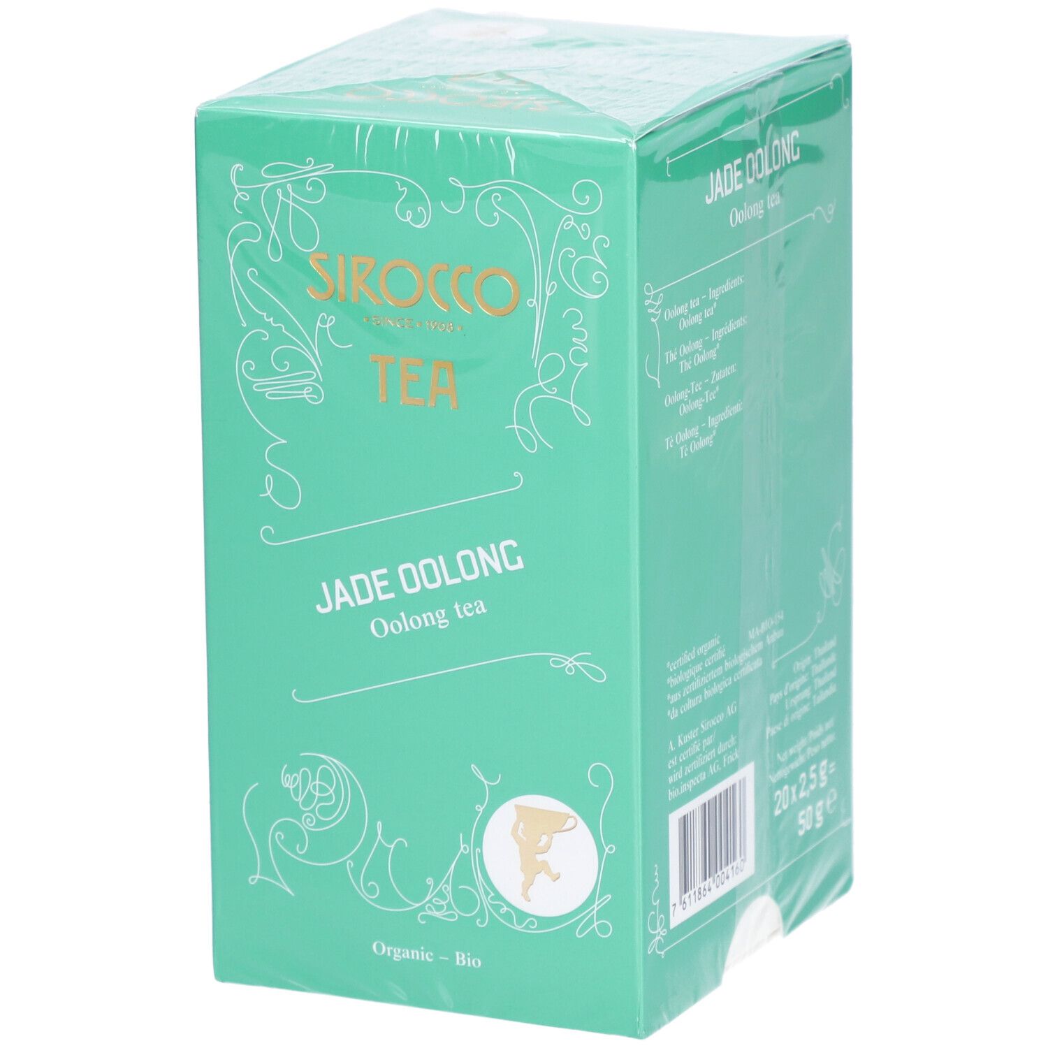 Türkisgrüne Verpackung mit SIROCCO TEA, JADE OOLONG, Oolong Tee. Verpackt in Folie. Ansicht von der Seite.