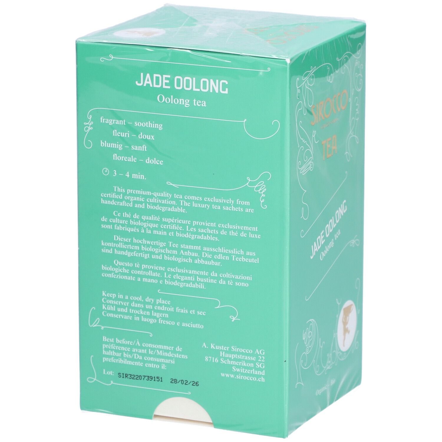Türkisgrüne Verpackung mit SIROCCO TEA, JADE OOLONG. Text über Teezubereitung, Haltbarkeit. Adressangaben.