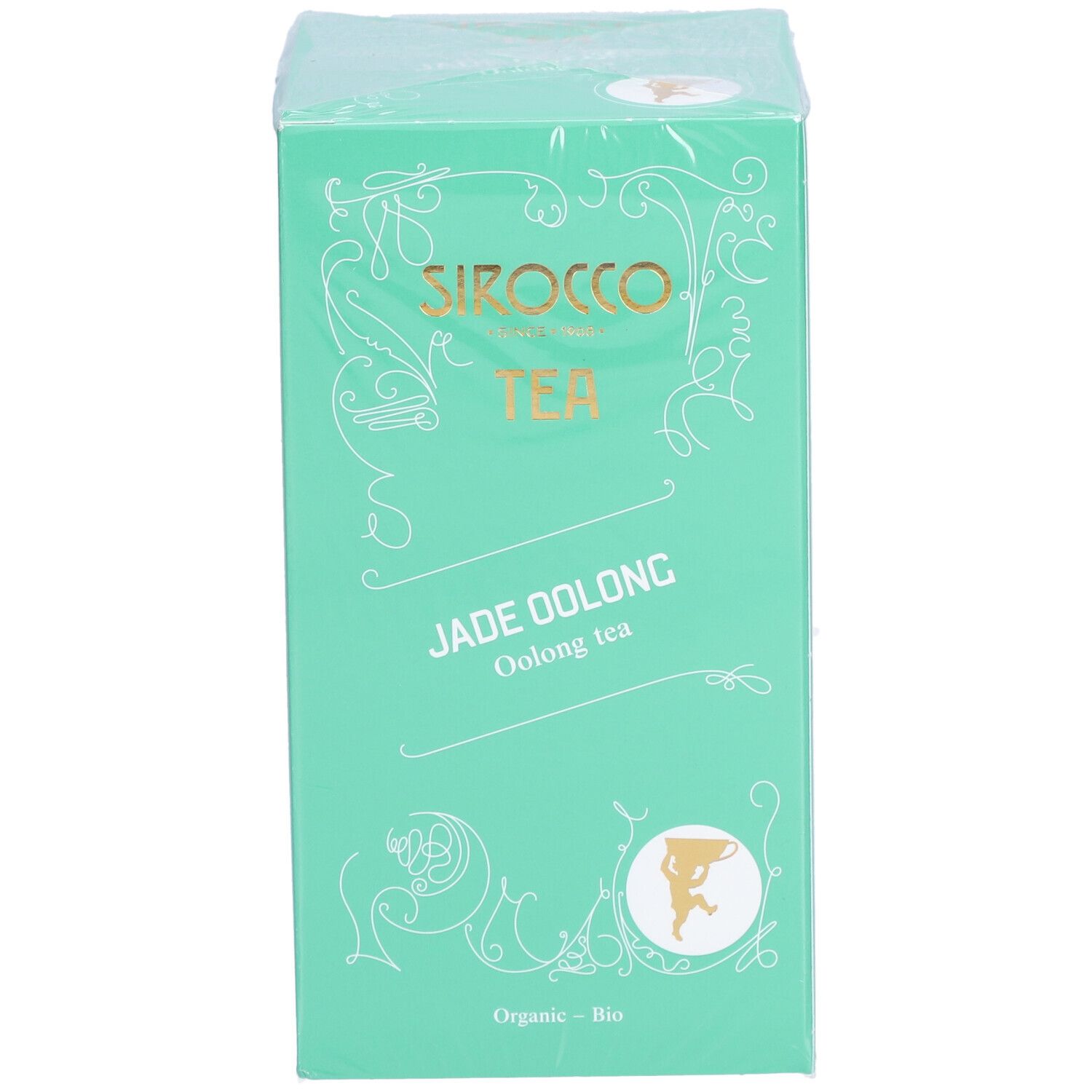 Türkisgrüne Verpackung mit SIROCCO TEA, JADE OOLONG, Oolong Tee. Bio-Siegel. Verpackt in Folie.