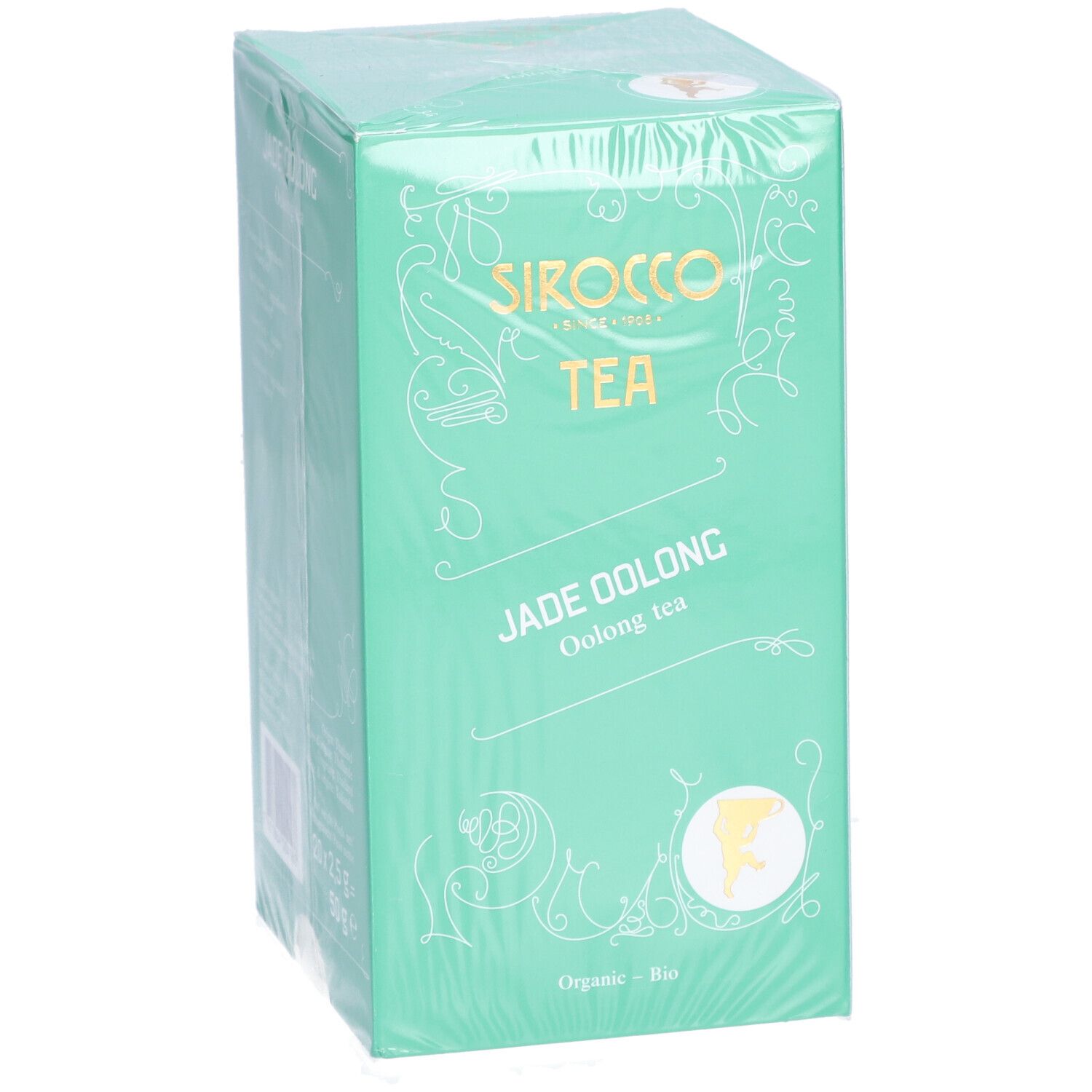 Türkisgrüne Verpackung mit SIROCCO TEA, JADE OOLONG, Oolong Tee. Bio-Siegel. Verpackt in Folie.