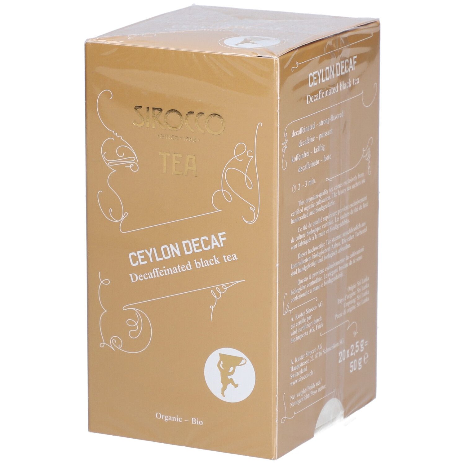 Goldfarbene Verpackung mit Aufschrift SIROCCO TEA, CEYLON DECAF, entkoffeinierter Schwarztee. Bio-Siegel. 20 Teebeutel.