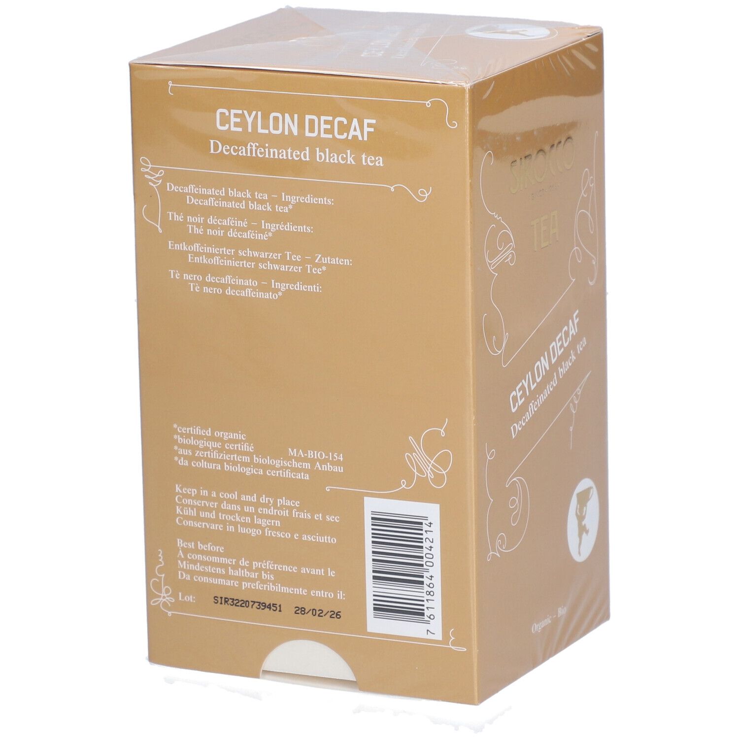 Rückseite der goldfarbenen Verpackung. Text in Deutsch, Französisch, Italienisch, Niederländisch. Barcode. Bio-Zertifizierung.