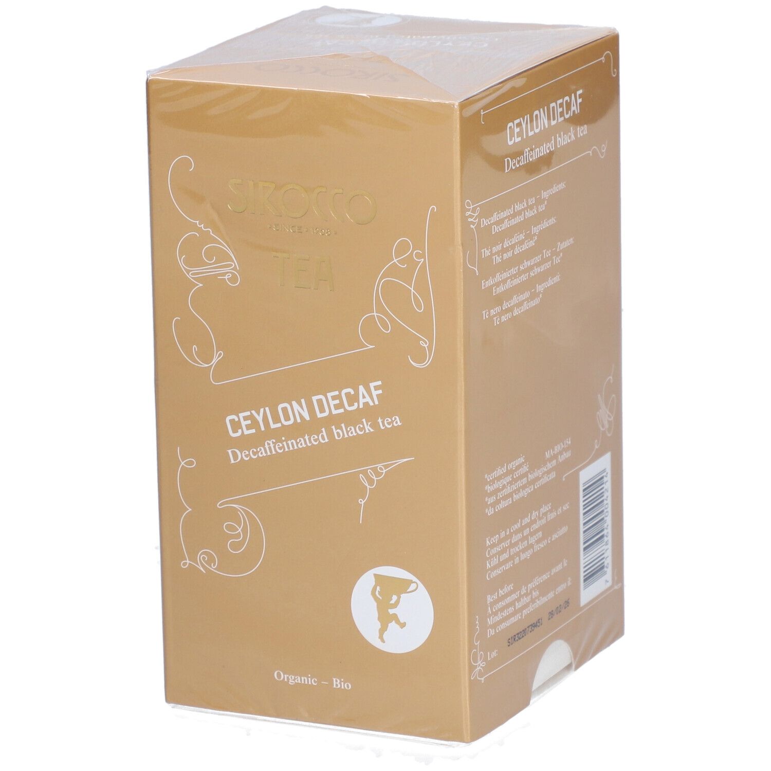 Goldfarbene Verpackung mit SIROCCO TEA, CEYLON DECAF, entkoffeinierter Schwarztee. Bio-Siegel. Ansicht schräg.