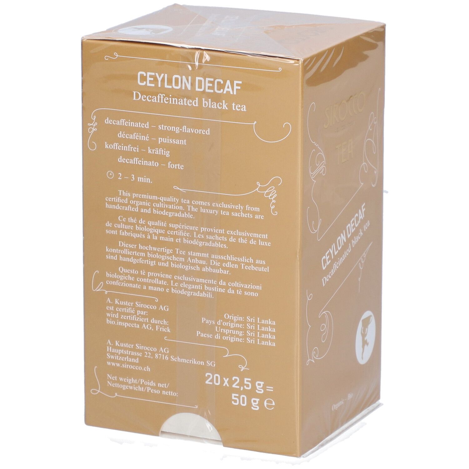 Rückseite der goldfarbenen Verpackung. Text in Deutsch, Französisch, Italienisch, Niederländisch. 20x2,5g = 50g.