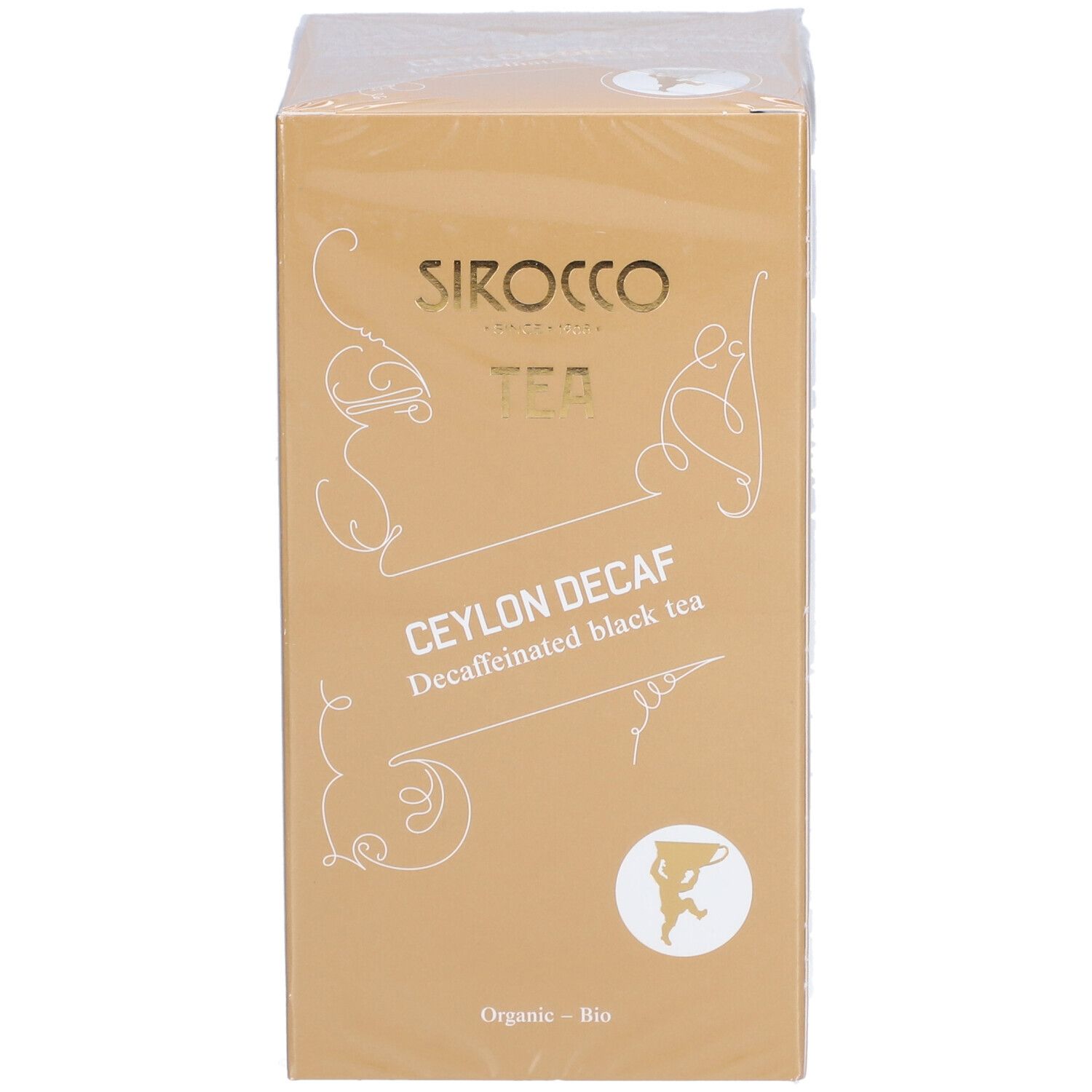 Goldfarbene Verpackung mit SIROCCO TEA, CEYLON DECAF, entkoffeinierter Schwarztee. Bio-Siegel. Ansicht von vorne.