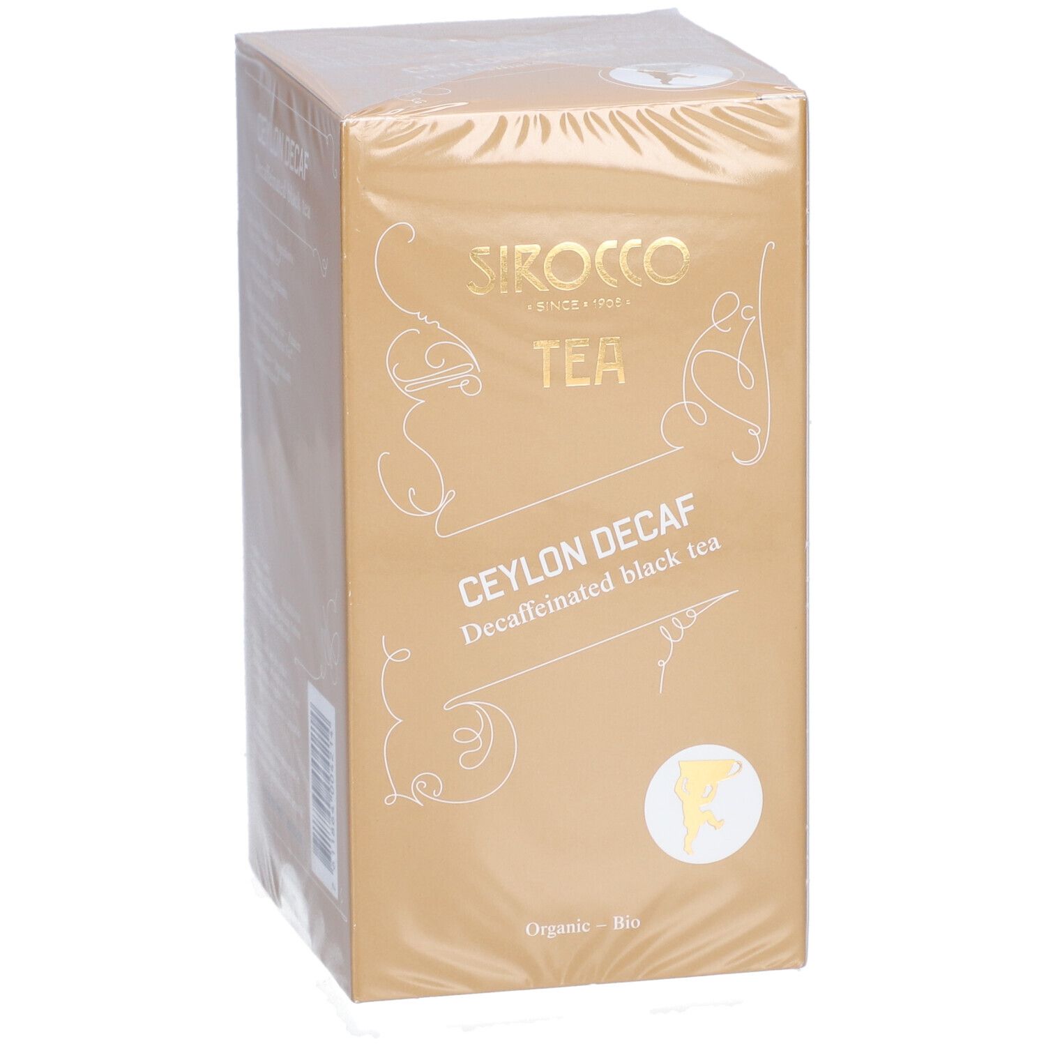 Goldfarbene Verpackung mit SIROCCO TEA, CEYLON DECAF, entkoffeinierter Schwarztee. Bio-Siegel. Ansicht schräg.