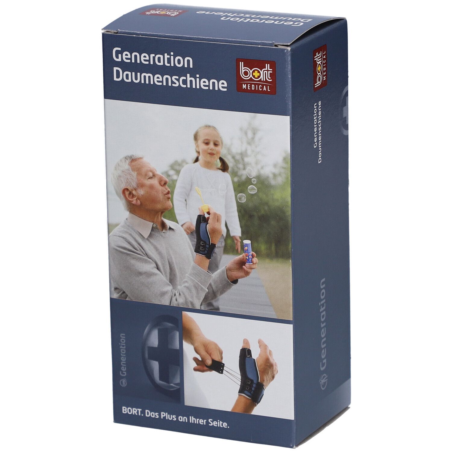 Boîte Generation Daumenschiene. Logo BORT MEDICAL. Illustration: homme avec attelle, enfant avec bulles de savon.