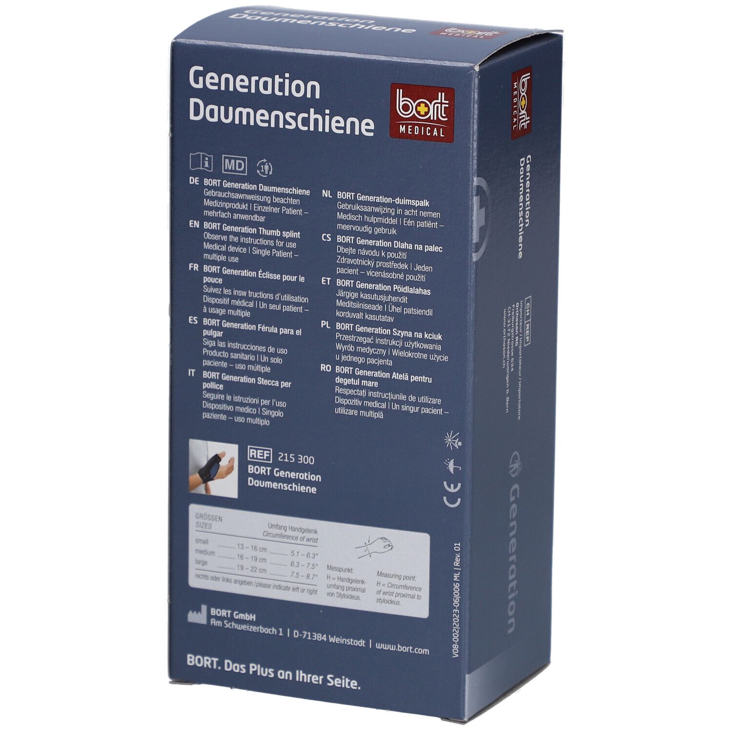 Boîte Generation Daumenschiene. Logo BORT MEDICAL. Texte multilingue. REF 215 300.