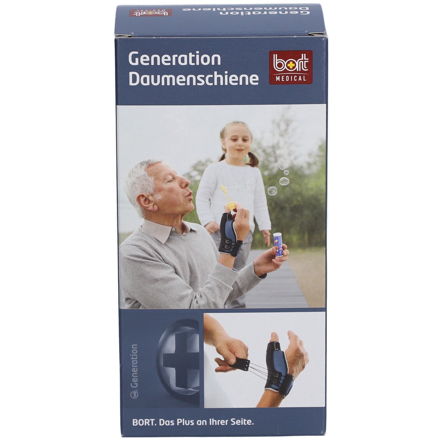 Boîte Generation Daumenschiene. Logo BORT MEDICAL. Illustration: homme avec attelle, enfant avec bulles de savon.
