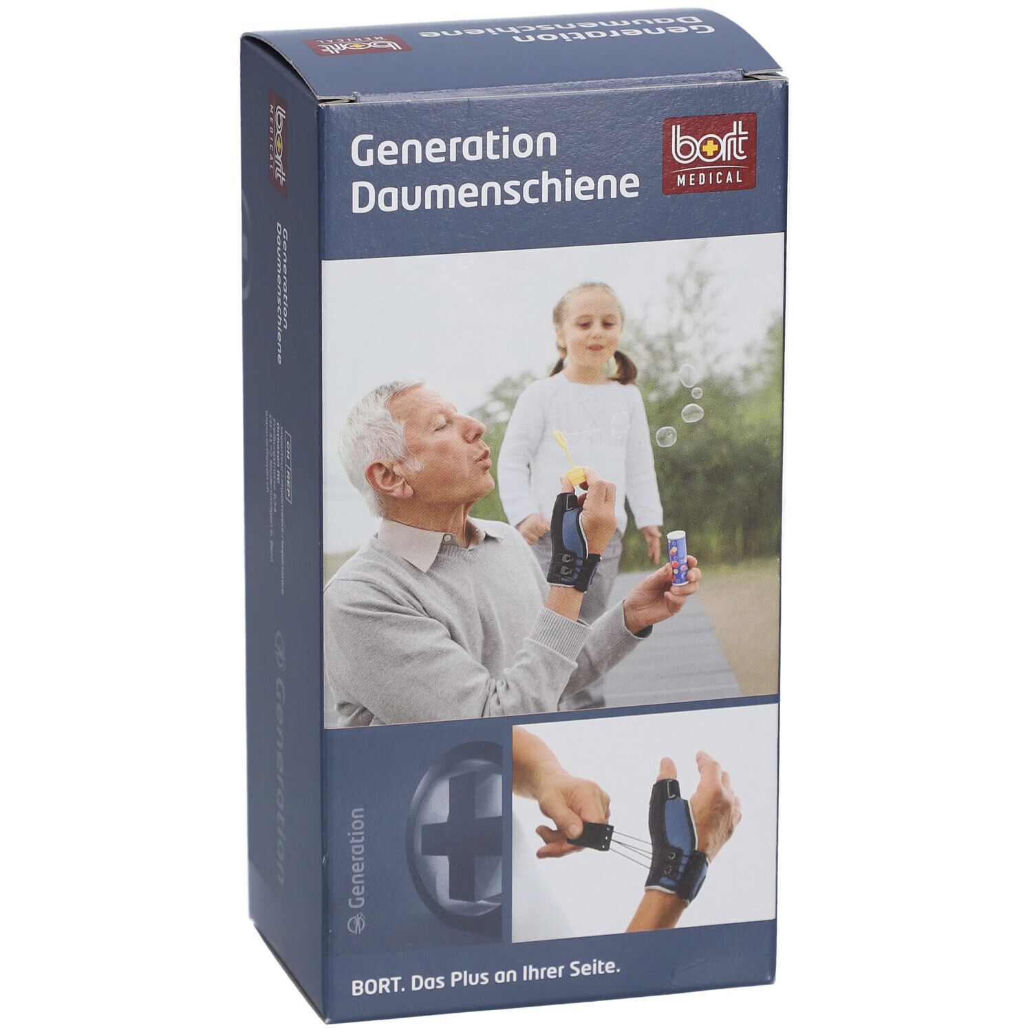 Boîte Generation Daumenschiene. Logo BORT MEDICAL. Illustration: homme avec attelle, enfant avec bulles de savon.