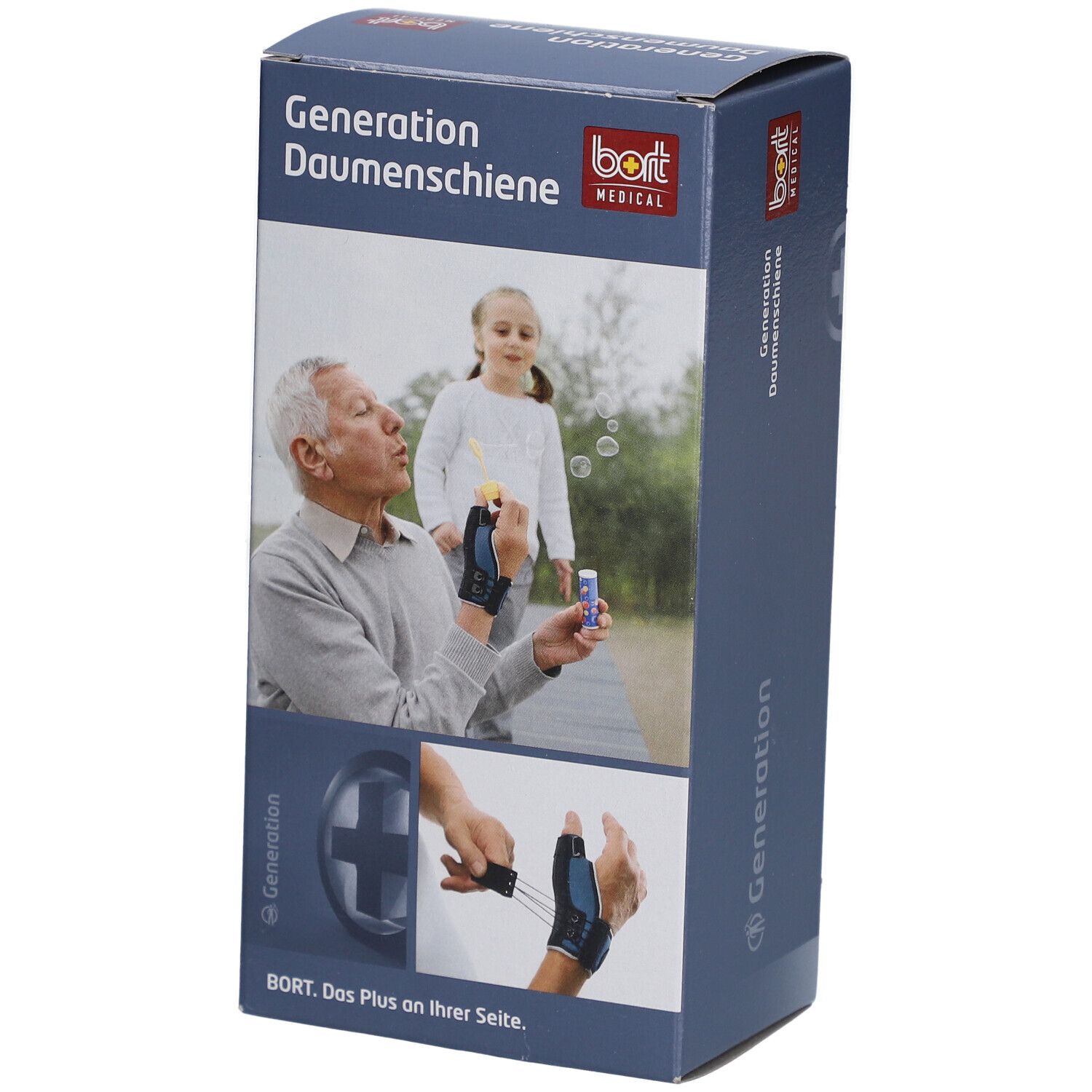 Emballage du produit. Inscription: Generation Daumenschiene, BORT MEDICAL. Illustration: homme et enfant avec bulles de savon. Couleurs bleu et blanc.