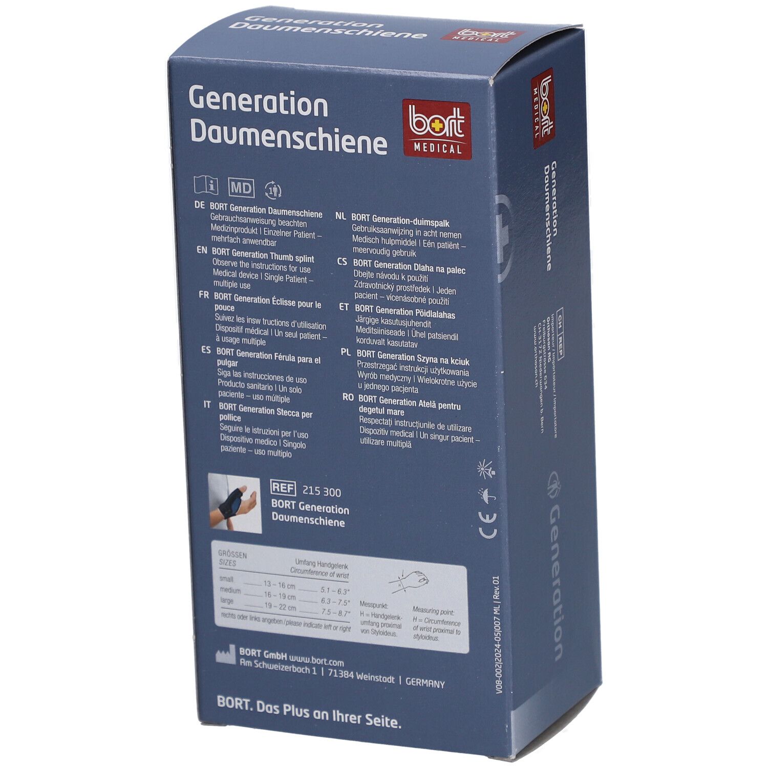 Emballage du produit. Inscription: Generation Daumenschiene, BORT MEDICAL. Texte en plusieurs langues. Informations sur le produit et tailles.