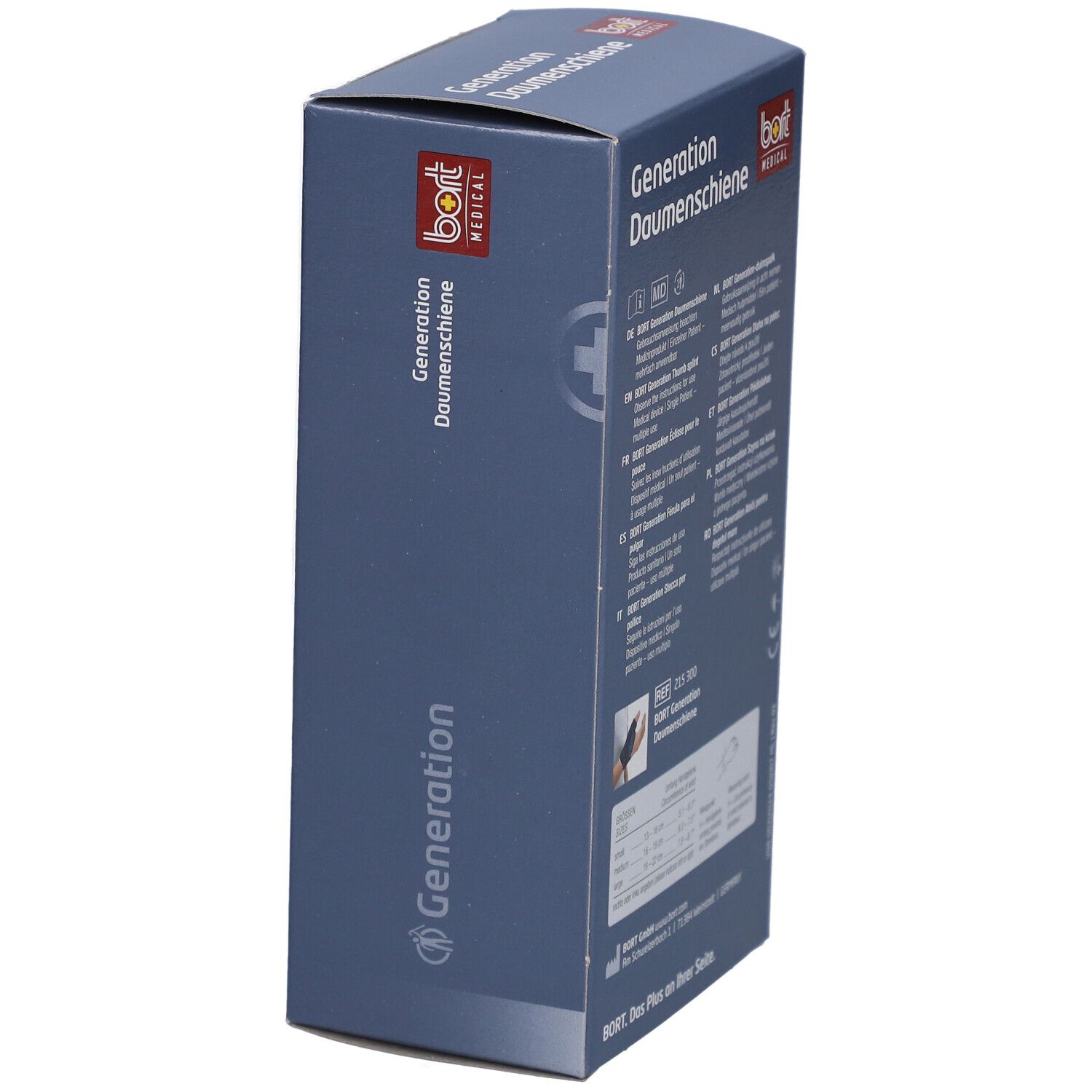 Emballage du produit. Inscription: Generation Daumenschiene, BORT MEDICAL. Vue latérale. Couleurs bleu et blanc. Texte et logo.