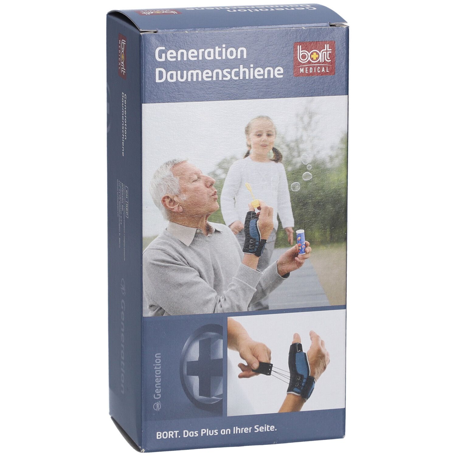 Emballage du produit. Inscription: Generation Daumenschiene, BORT MEDICAL. Illustration: homme et enfant avec bulles de savon. Couleurs bleu et blanc.