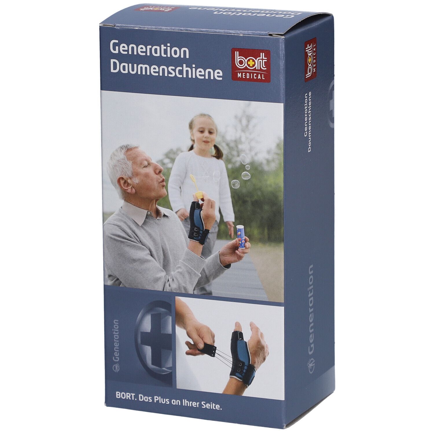 Emballage de l'attelle de pouce BORT Generation gauche. Inscription : Generation Daumenschiene, BORT MEDICAL. Illustration : homme et enfant avec attelle.