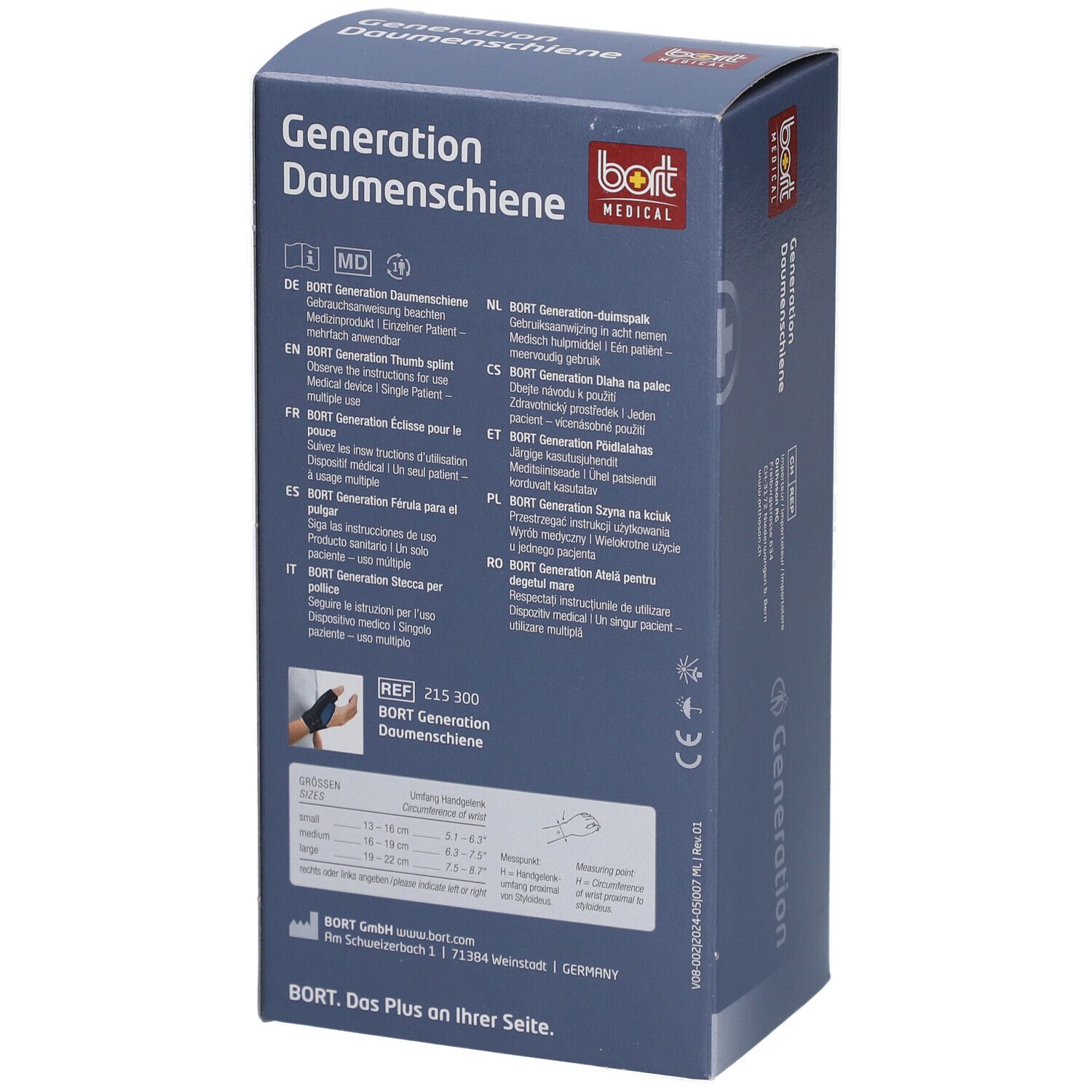 Dos de l'emballage de l'attelle de pouce BORT Generation gauche. Texte multilingue. Informations sur le produit et indications de taille.