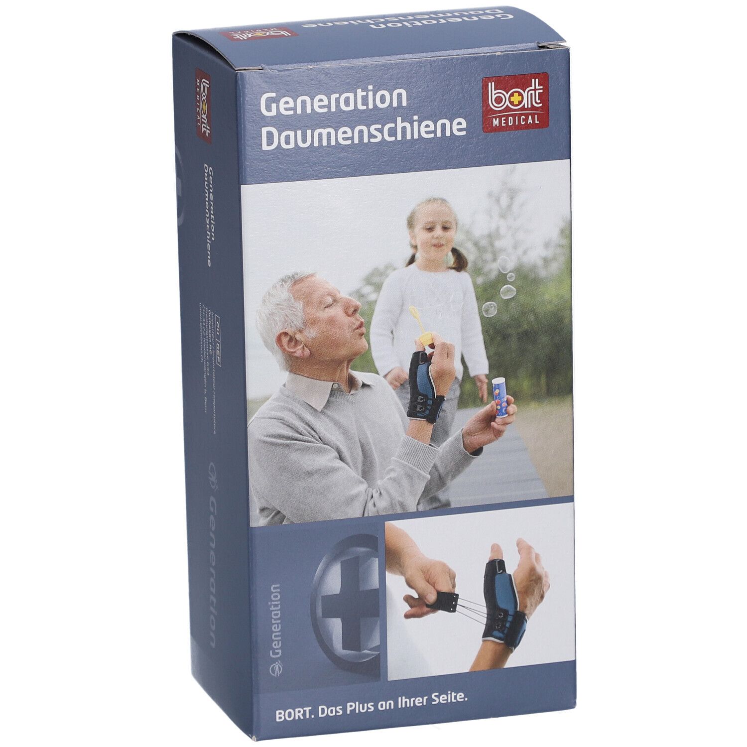 Emballage de l'attelle de pouce BORT Generation gauche. Inscription : Generation Daumenschiene, BORT MEDICAL. Illustration : homme et enfant avec attelle.