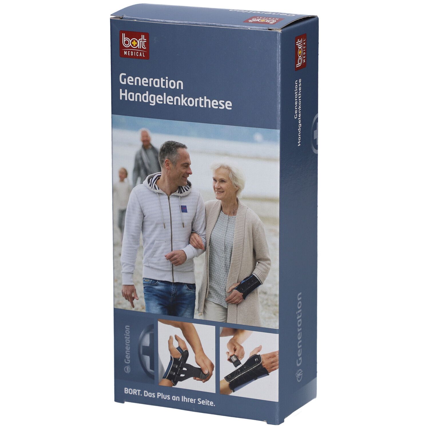 Verpackung der Handgelenkorthese. Aufdruck: BORT MEDICAL, Generation Handgelenkorthese. Abbildung: älteres Paar.