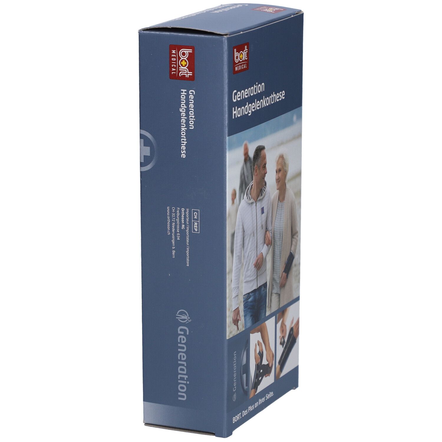 Seitenansicht der Verpackung. Aufdruck: BORT MEDICAL, Generation Handgelenkorthese. Text und Piktogramme.