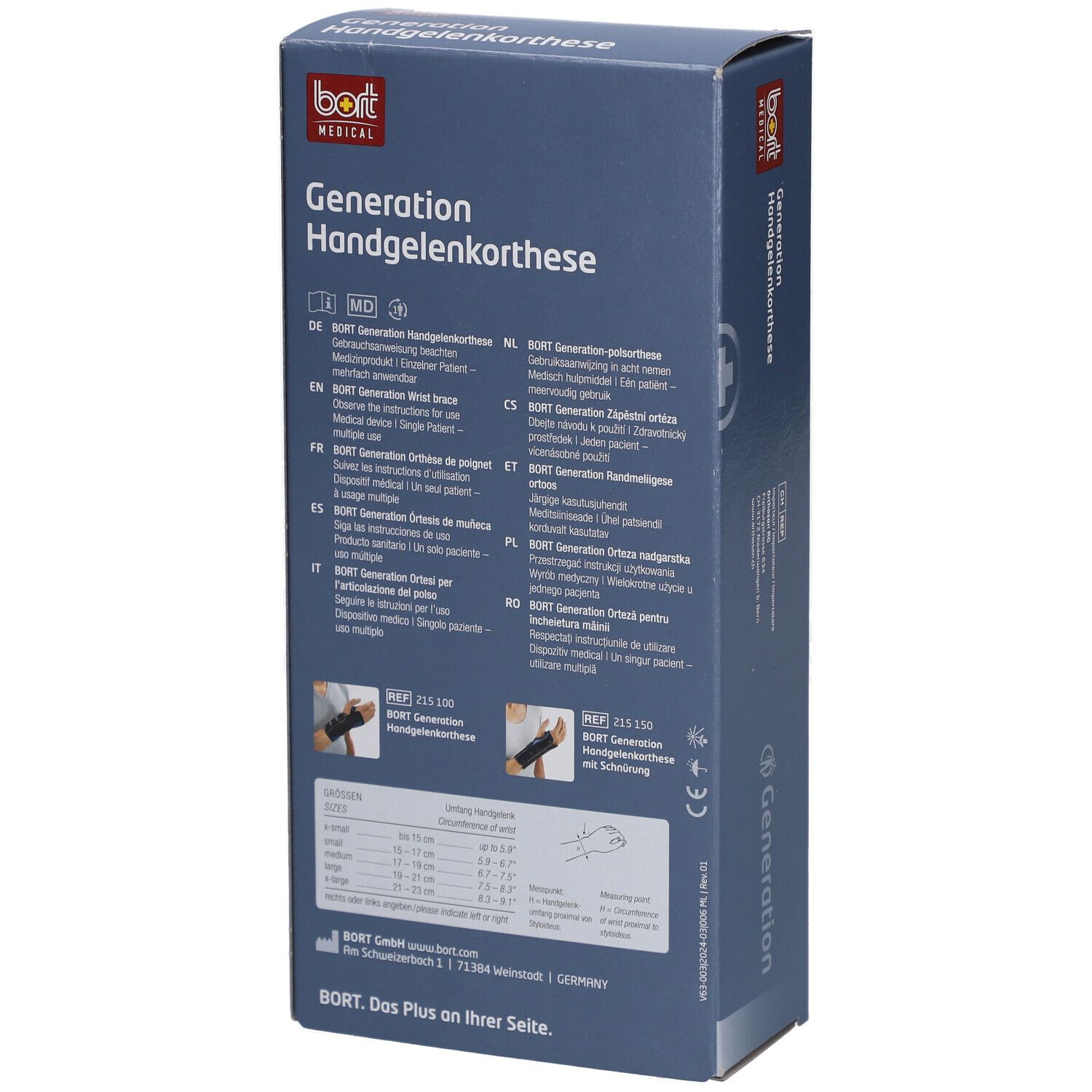 Rückseite der Verpackung. Aufdruck: BORT MEDICAL, Generation Handgelenkorthese. Text, Größenangaben, Piktogramme.