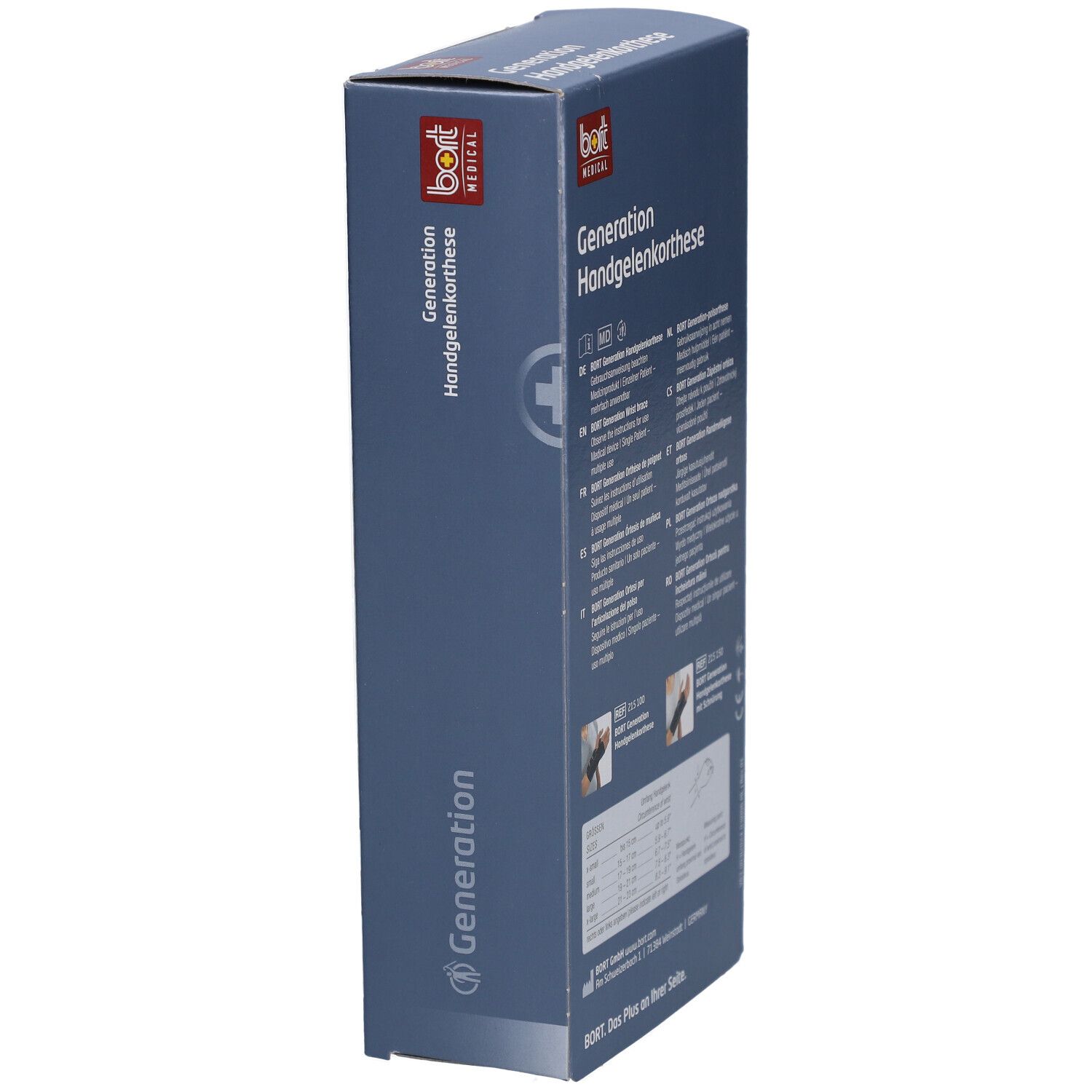 Seitenansicht der Verpackung. Aufdruck: BORT MEDICAL, Generation Handgelenkorthese. Text und Piktogramme.