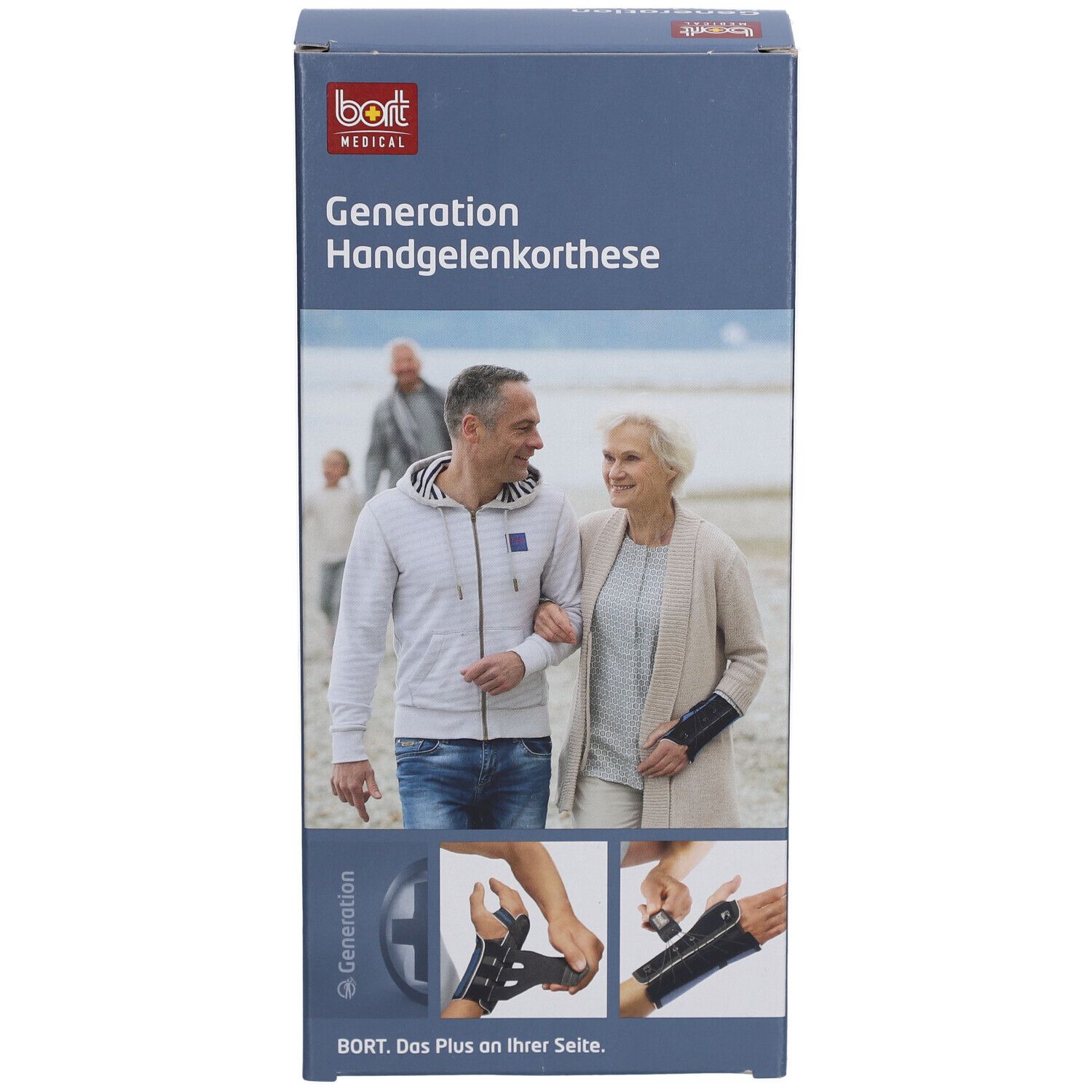 Verpackung der Handgelenkorthese. Aufdruck: BORT MEDICAL, Generation Handgelenkorthese. Abbildung: älteres Paar.