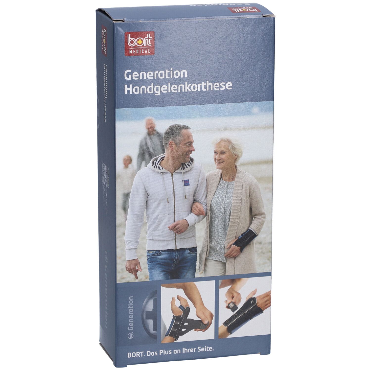 Verpackung der Handgelenkorthese. Aufdruck: BORT MEDICAL, Generation Handgelenkorthese. Abbildung: älteres Paar.