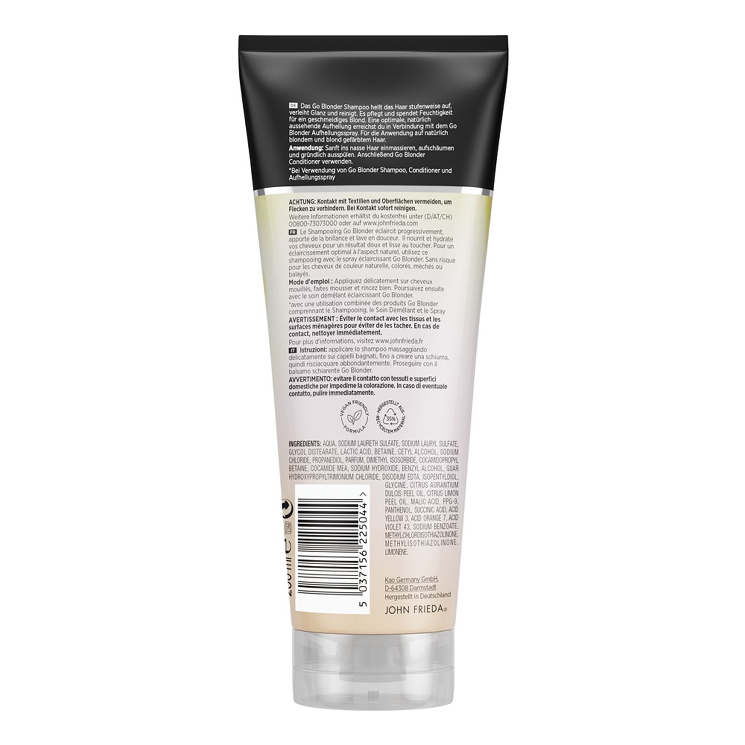 Rückseite der Shampoo-Tube. Text in mehreren Sprachen. Inhaltsstoffe und Barcode sichtbar. Marke: John Frieda.