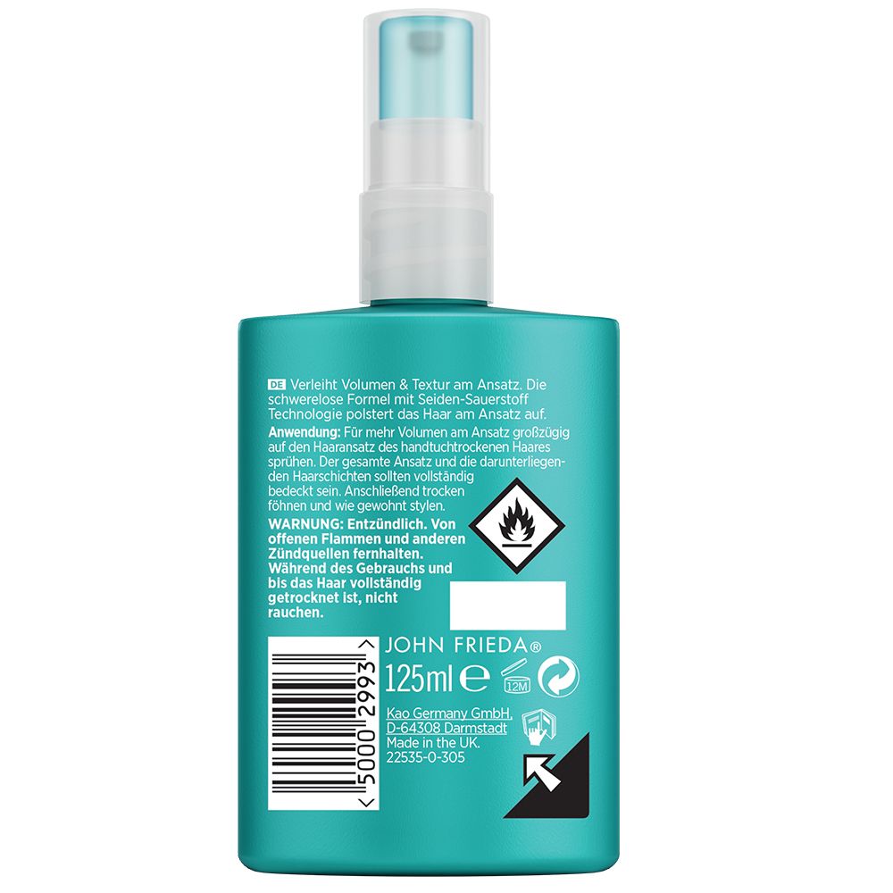Dos du flacon turquoise. Texte, avertissement, code-barres et logo JOHN FRIEDA. Volume & Texture.