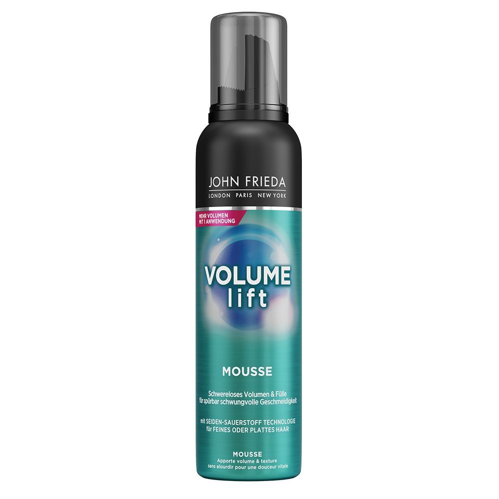 Schwarze Flasche mit JOHN FRIEDA VOLUME LIFT Mousse. Türkis-weiße Etikett mit Produktnamen. Transparenter Deckel.