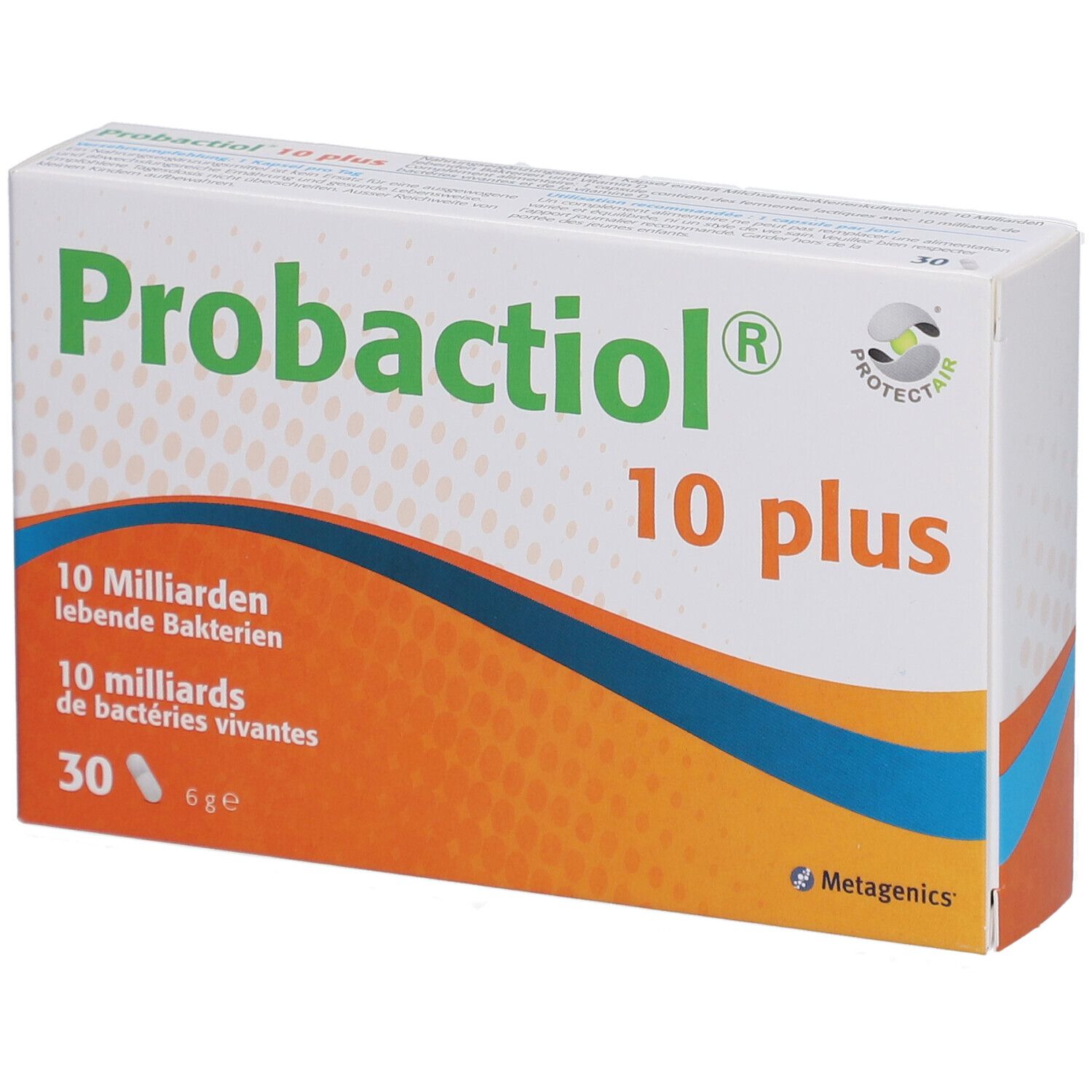 Boîte "Probactiol 10 plus". Contient 30 gélules. Fond orange avec bandes bleues. Logo Metagenics.