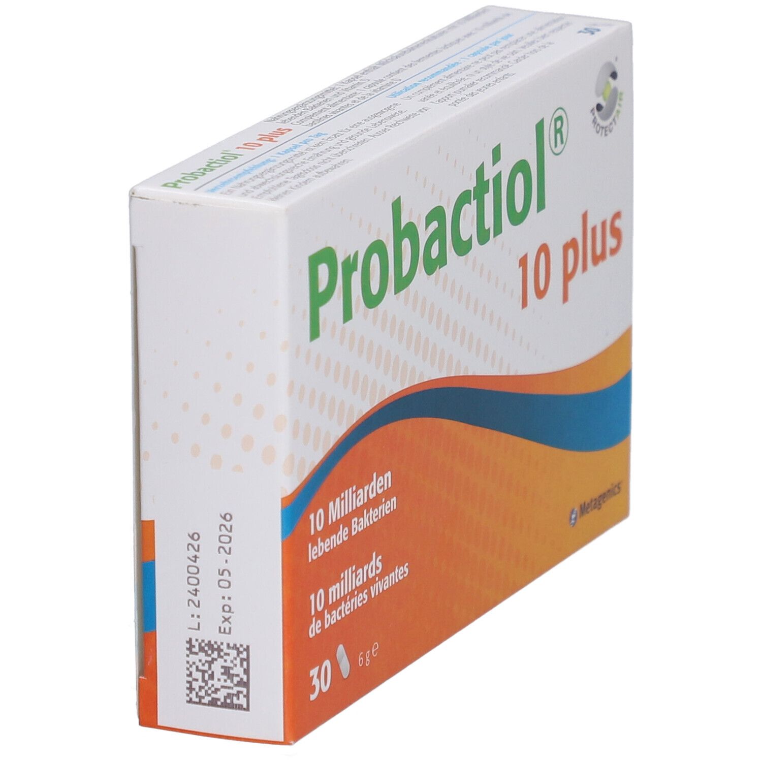Emballage incliné "Probactiol 10 plus". Visible: nom, logo et texte. Emballage blanc avec accents orange.