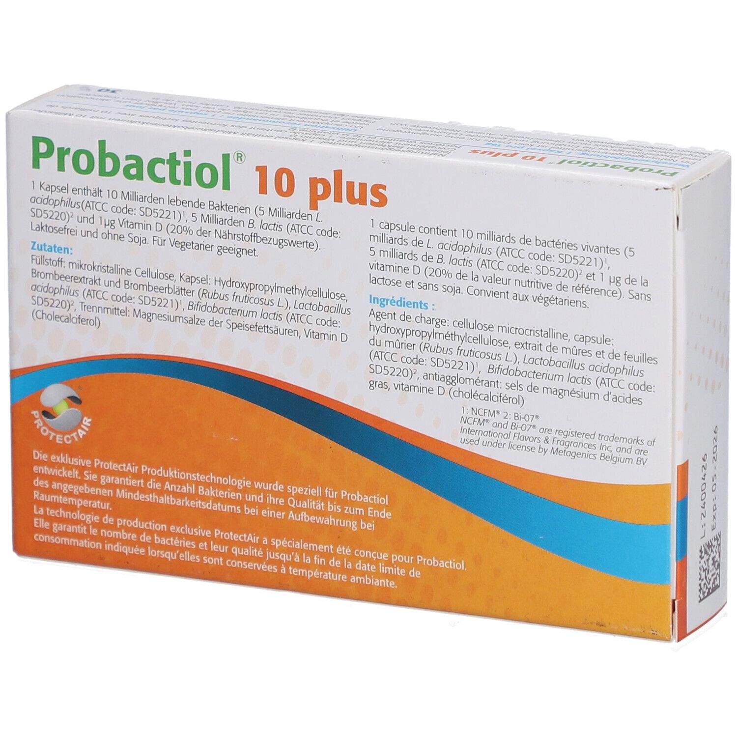 Dos de l'emballage "Probactiol 10 plus". Texte en allemand et français. Contient des informations sur les ingrédients et le fabricant.