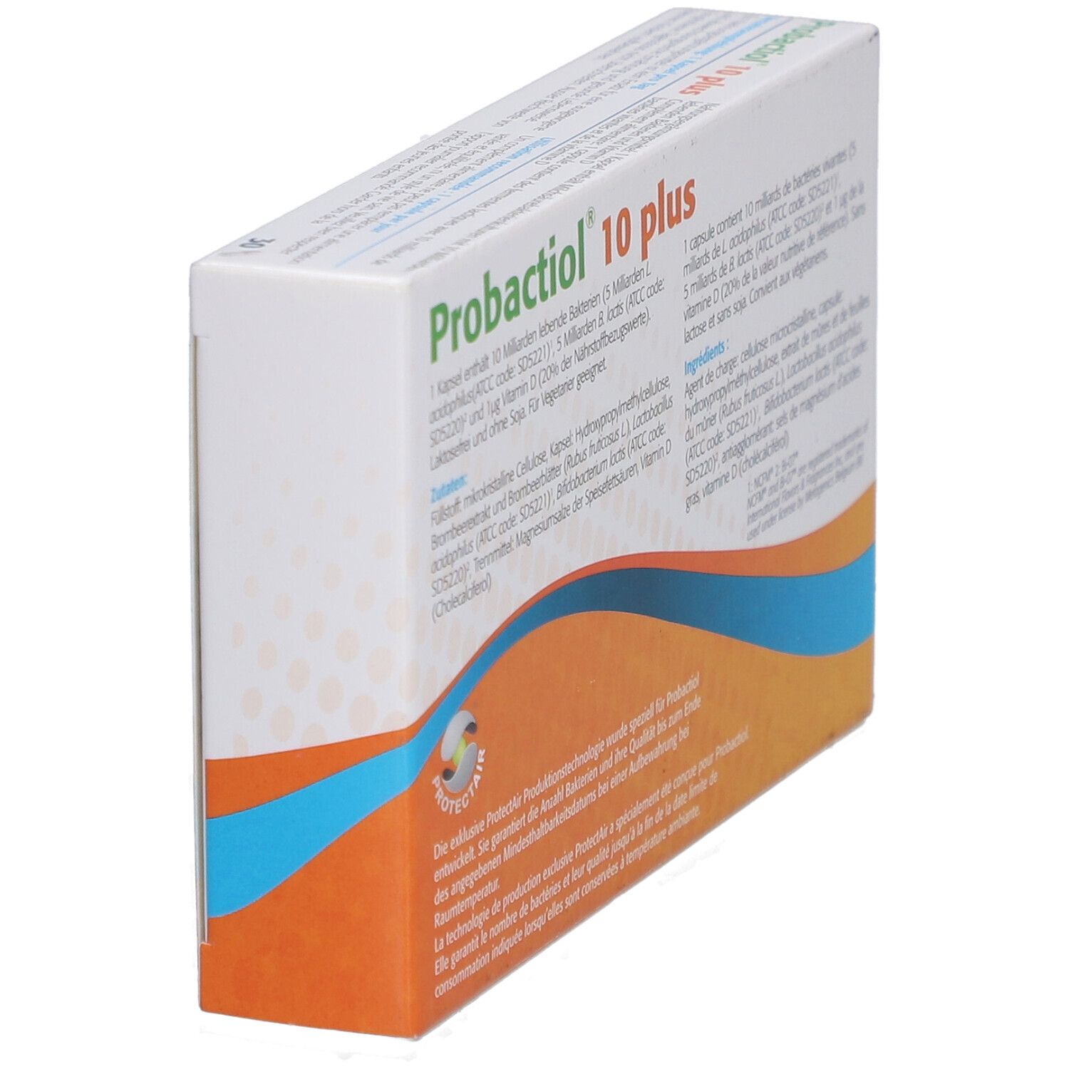 Emballage incliné "Probactiol 10 plus". Dos avec texte. Emballage blanc avec accents orange.