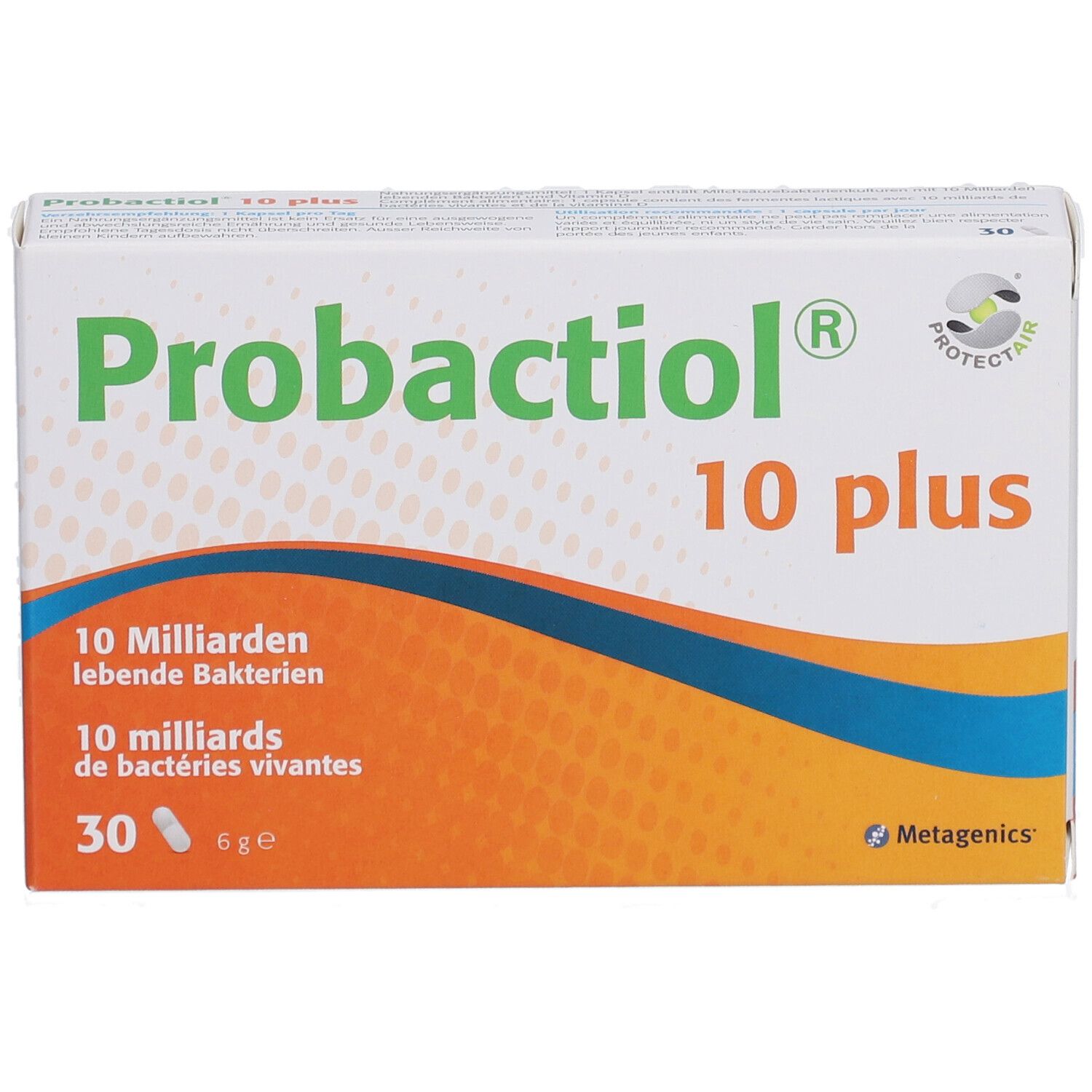 Emballage "Probactiol 10 plus". Contient 30 gélules. Fond orange avec bandes bleues. Logo Metagenics.