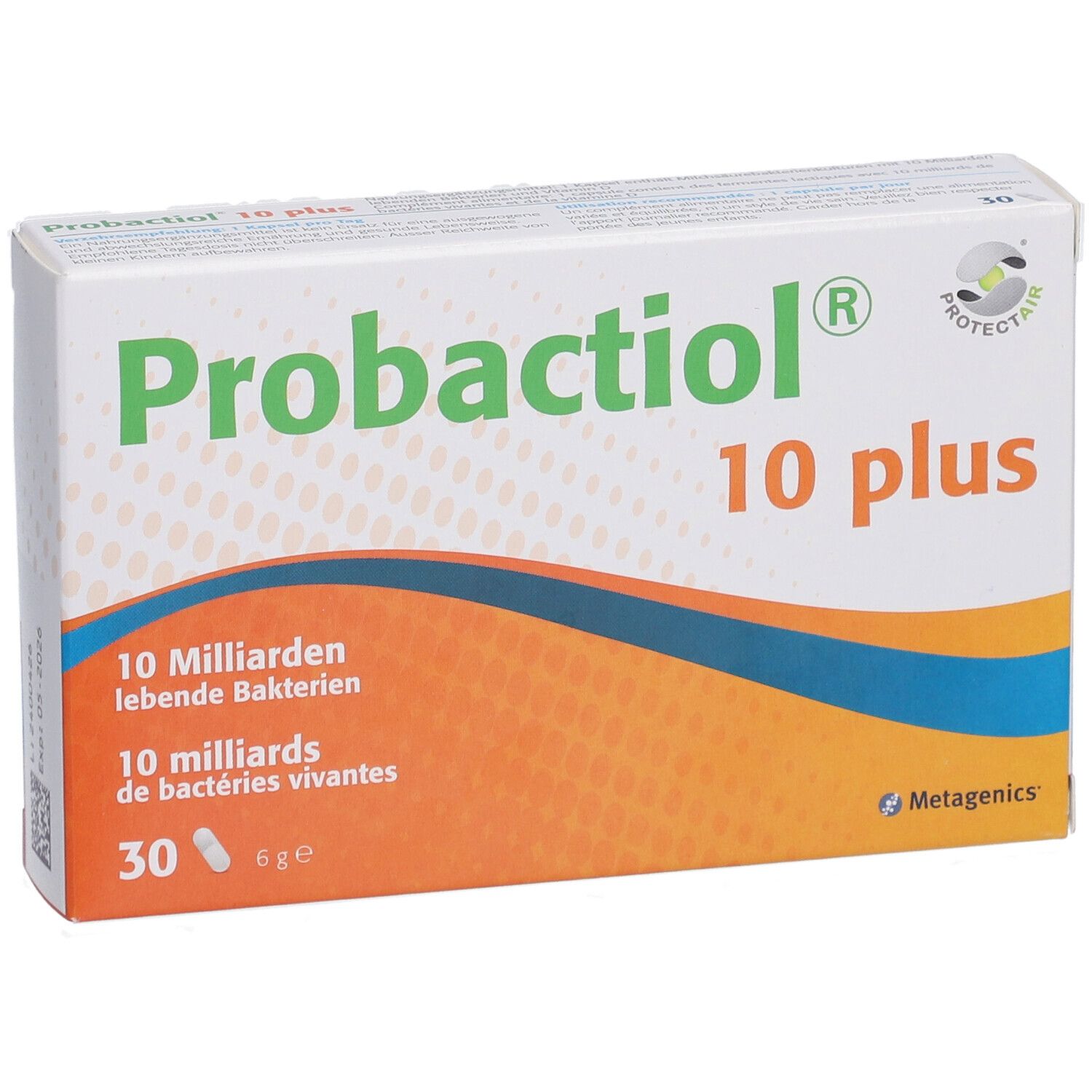 Emballage "Probactiol 10 plus". Contient 30 gélules. Fond orange avec bandes bleues. Logo Metagenics.