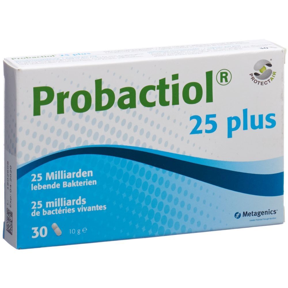 Boîte blanche et bleue avec logo "Probactiol 25 plus". Contient 30 gélules. Texte : 25 milliards de bactéries vivantes. Marque : Metagenics.