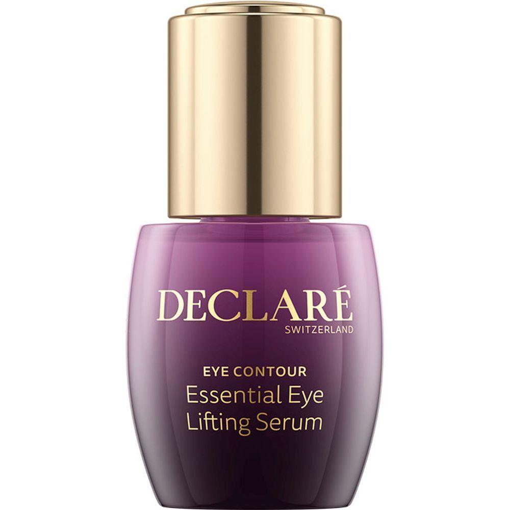 Lila Flasche mit goldfarbenem Deckel. Aufschrift: DECLARÉ, EYE CONTOUR, Essential Eye Lifting Serum.