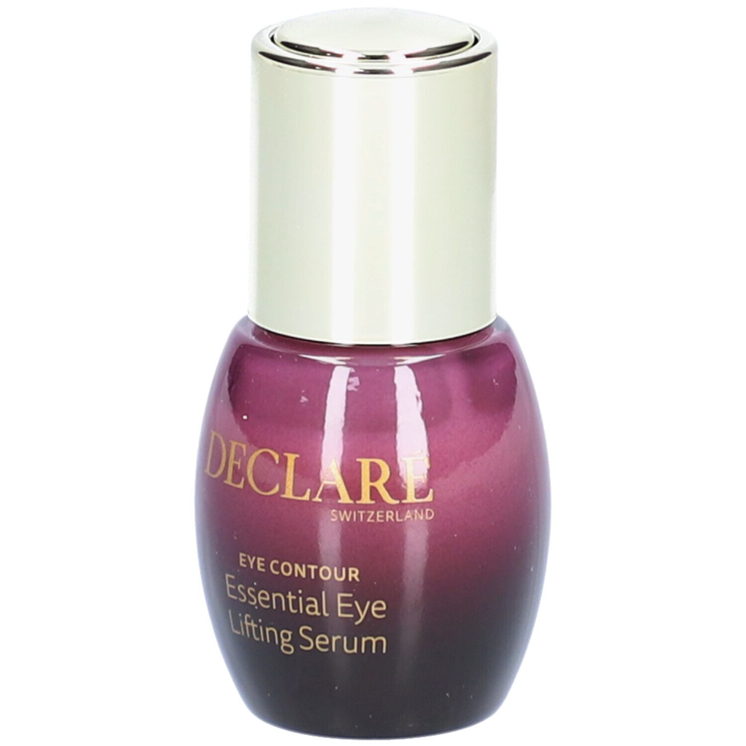 Violette Flasche mit silbernem Deckel. Aufschrift: DECLARÉ, EYE CONTOUR, Essential Eye Lifting Serum.