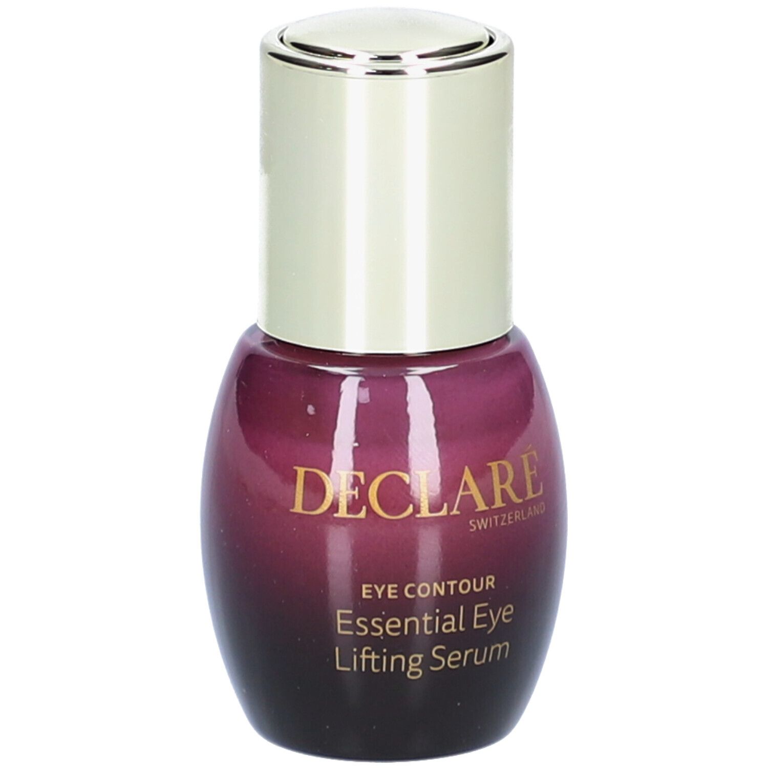 Violette Flasche mit silbernem Deckel. Aufschrift: DECLARÉ, EYE CONTOUR, Essential Eye Lifting Serum.