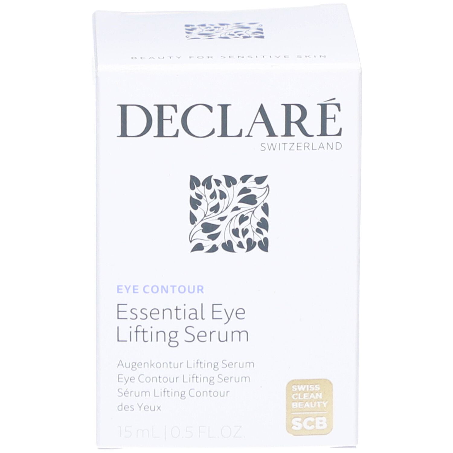 Verpackung. Aufschrift: DECLARÉ, EYE CONTOUR, Essential Eye Lifting Serum. Mit Zertifizierung.