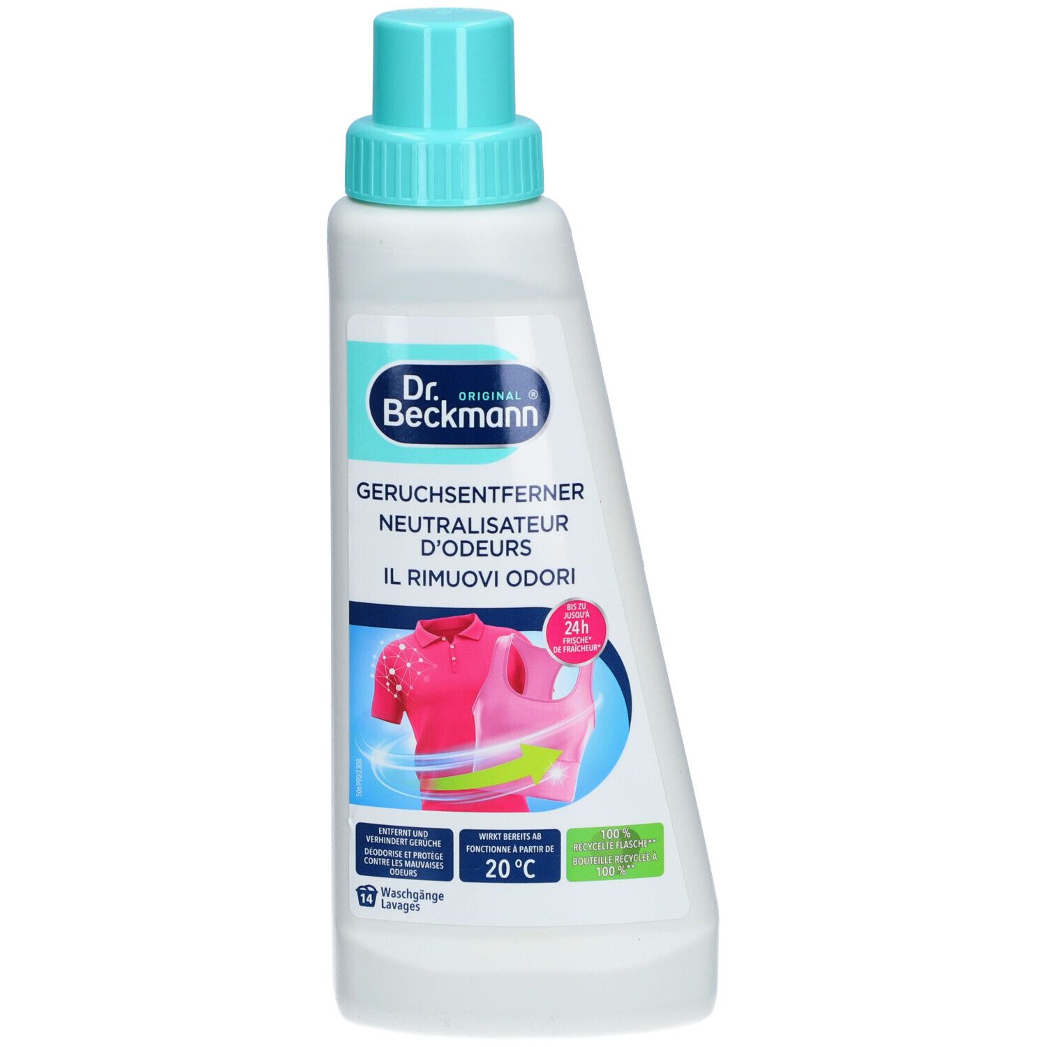 Flasche mit blauem Verschluss. Aufkleber mit Produktnamen und Abbildung eines Kleidungsstücks. Text: Geruchsentferner.